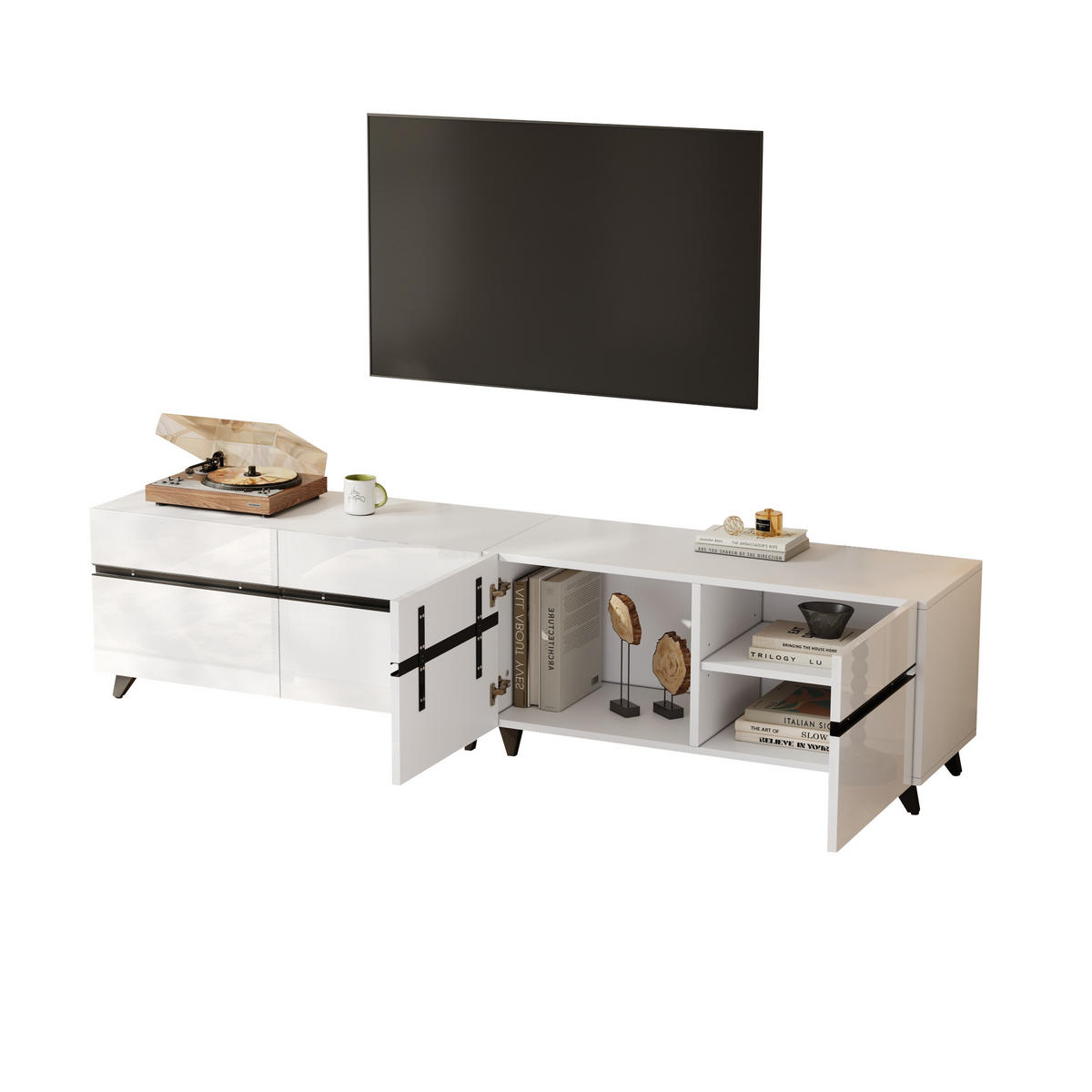 TV-SCHRANK Hochglanz 4 Türen 8 Beine 80 Zoll 180cm Weiß Modern - Weiß, Holzwerkstoff (180/49/40cm) - FLIEKS