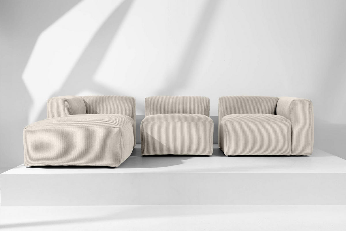 ECKMODULSOFA-LINKS BUFFO mit extrem weicher und bequemer Sitzfläche, Kordstoff, cremefarben - Creme, Textil (297/180cm) - KONSIMO®