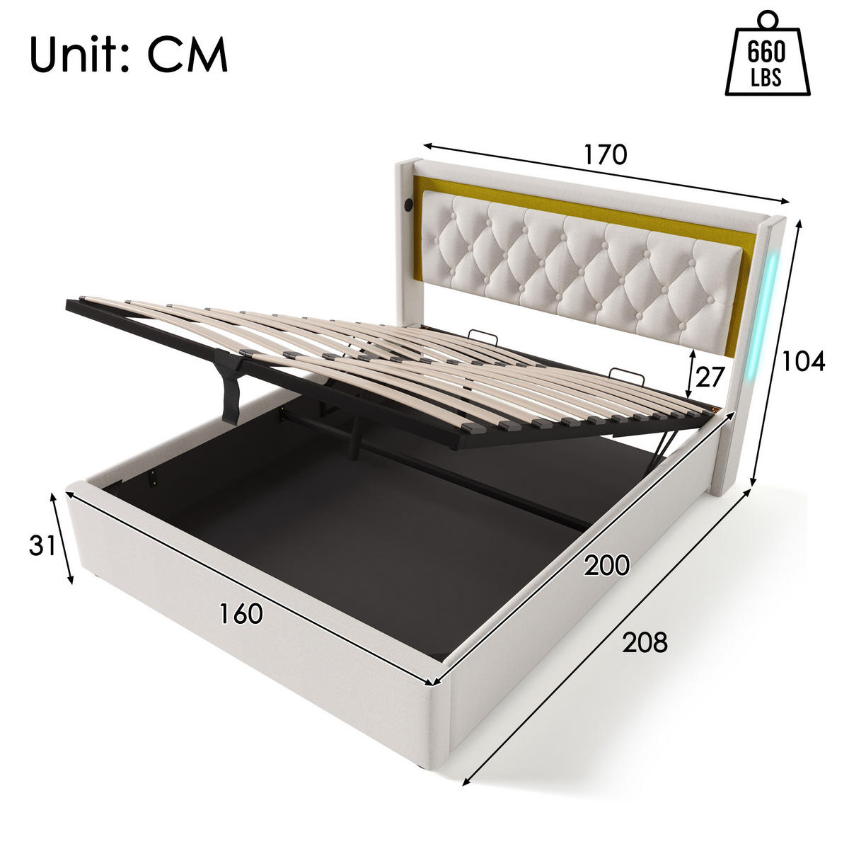 POLSTERBETT 160/200 cm Beige mit Bettkasten und USB-Ladefunktion mit Matratze - Beige, Textil (160/200cm) - OKWISH
