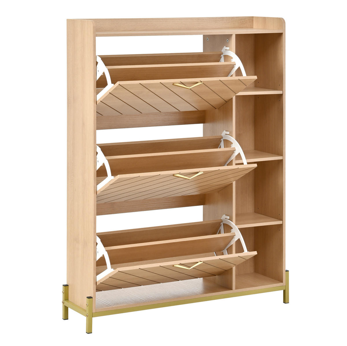 SCHUHSCHRANK aus MDF 90x24x119 cm Natur mit 3 Klapptüren, Soft-Close und offenen Seitenfächern - Naturfarben, Holzwerkstoff (90/119/24cm) - Modfu