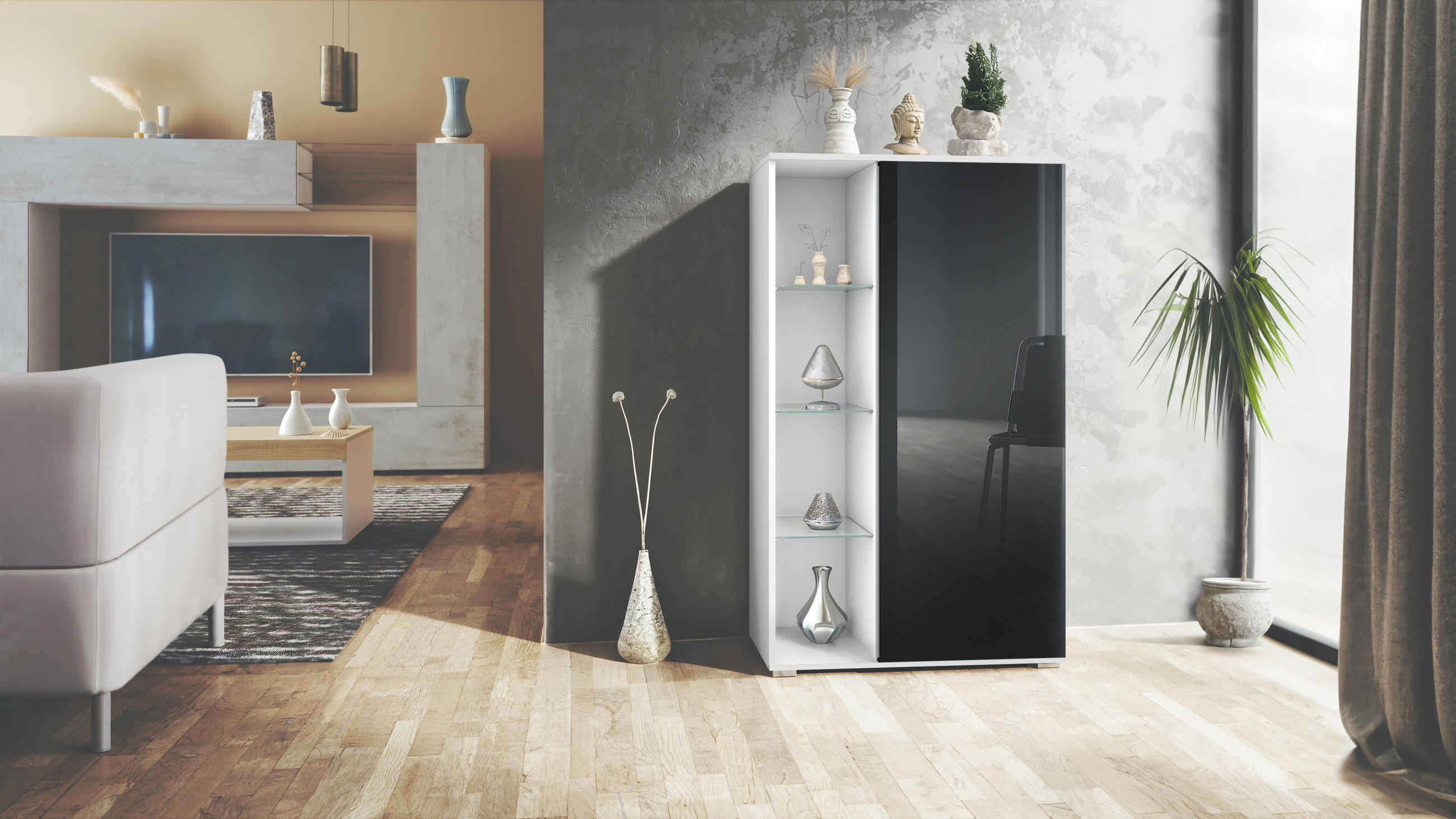 VITRINE Davos Schwarz Hochglanz - Schwarz Hochglanz, Holzwerkstoff (71.5/134/35cm) - Vladon
