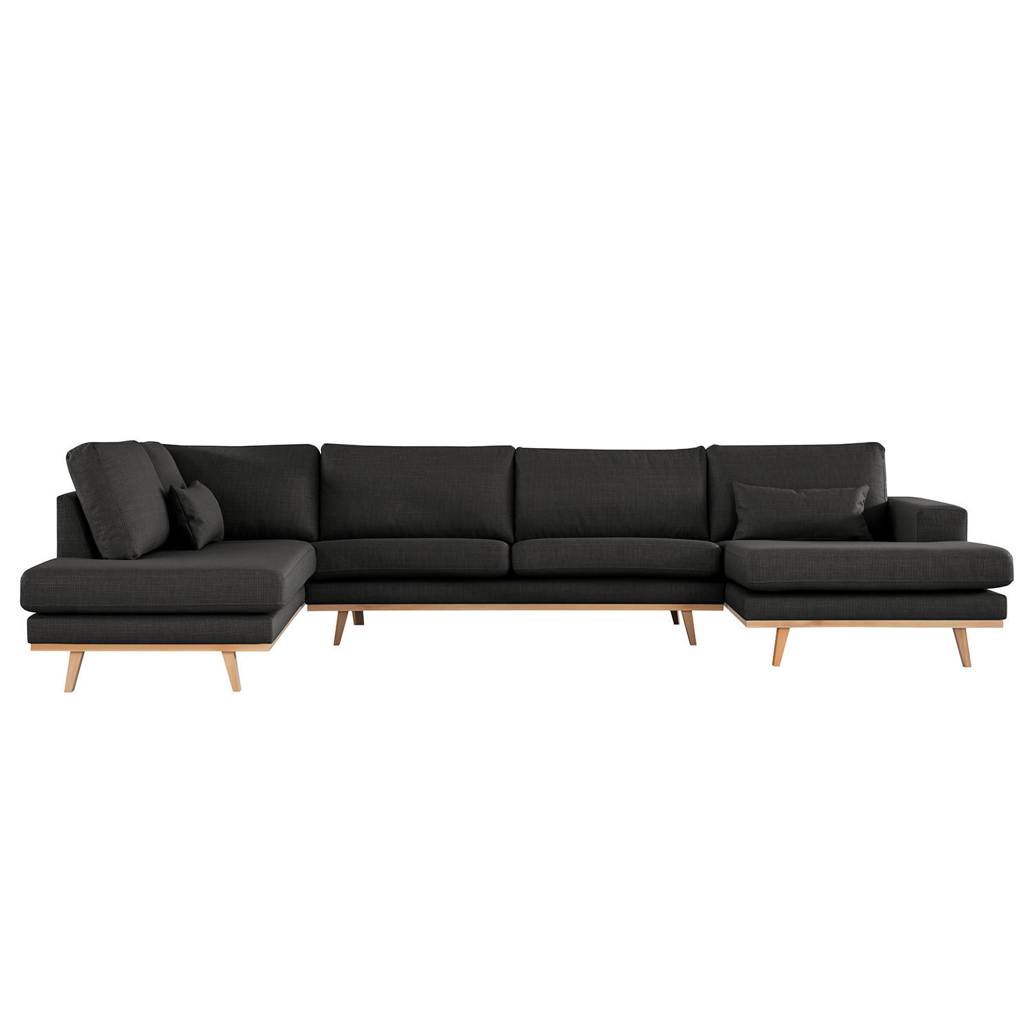 WOHNLANDSCHAFT mit Longchair - Buchefarben/Schwarz, Buchenholz/Textil (371/81/219cm) - home24