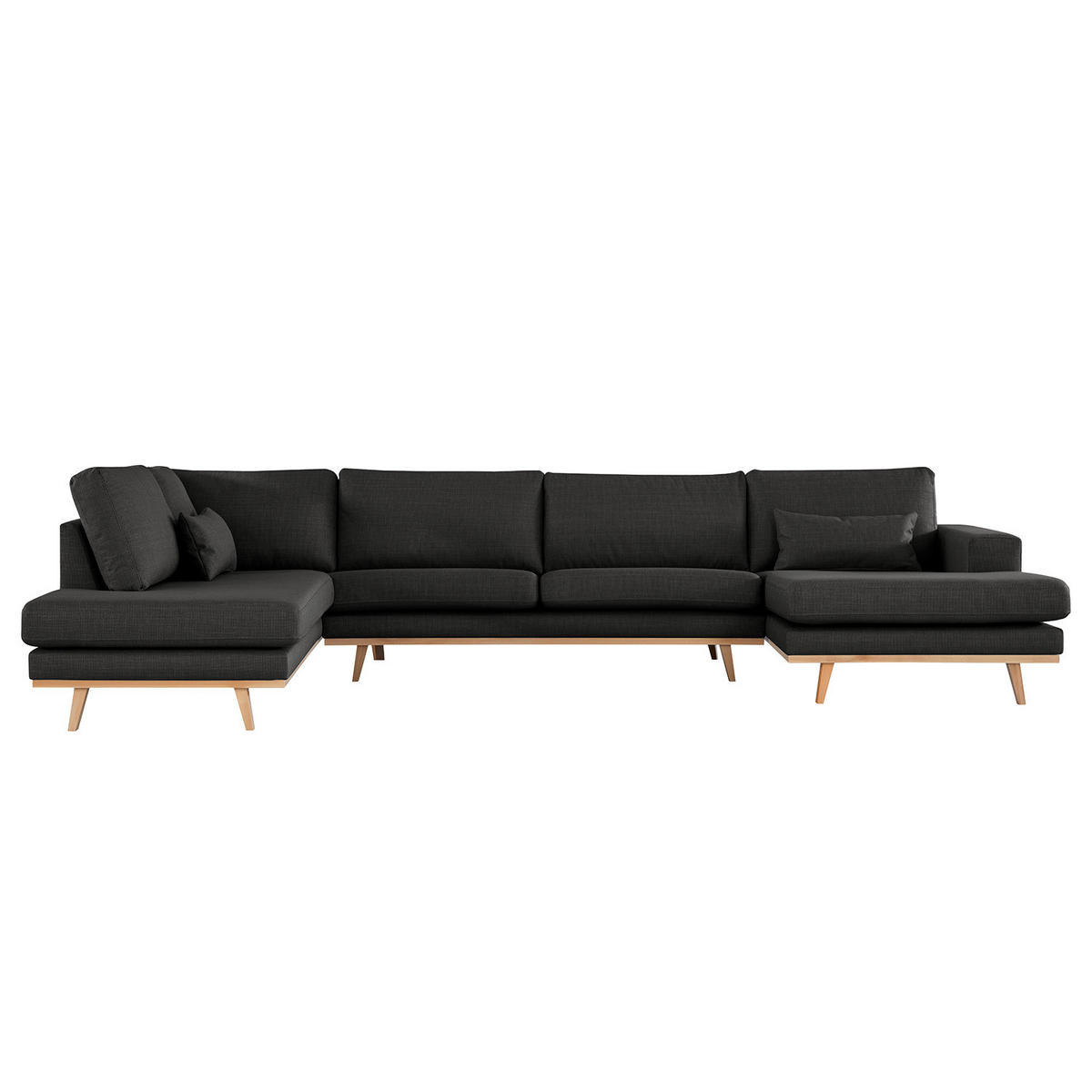 WOHNLANDSCHAFT mit Longchair - Buchefarben/Schwarz, Buchenholz/Textil (371/81/219cm) - home24