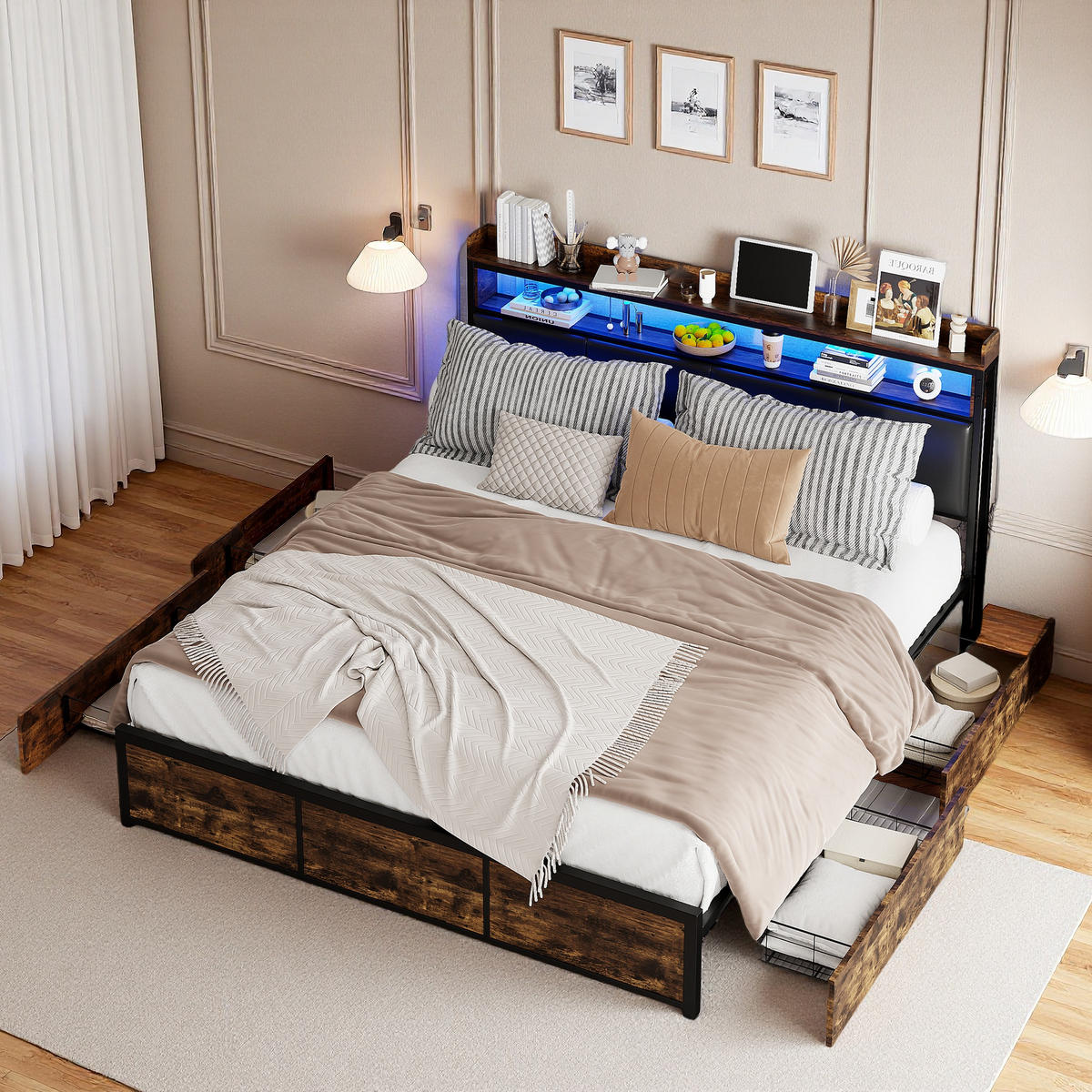 POLSTERBETT 160x200 PU Tigermuster LED - Beige, Metall - SHOPENTRA