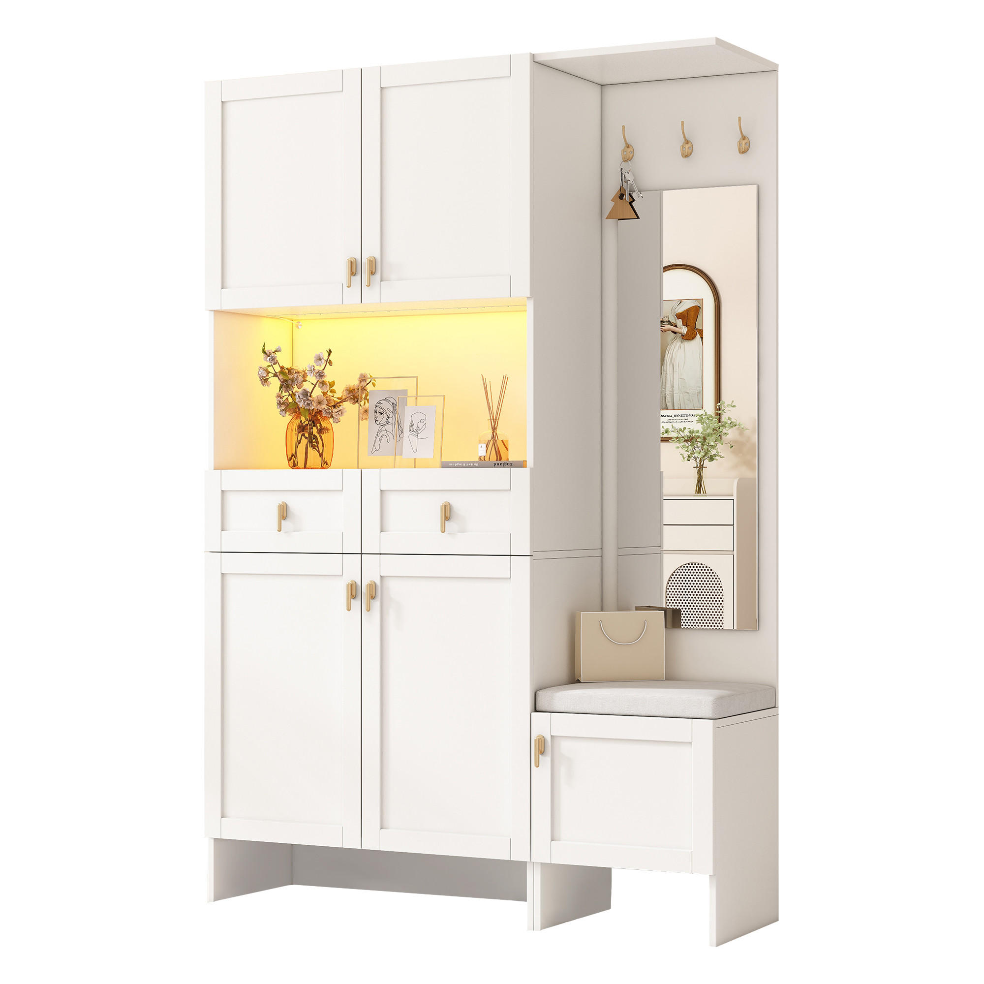 GARDEROBE Garderobenbank Schuhschrank Spiegel LED Multifunktion Stauraum Kippschutz modern - Weiß, Holzwerkstoff (120/180/33.5cm) - EVRYAE