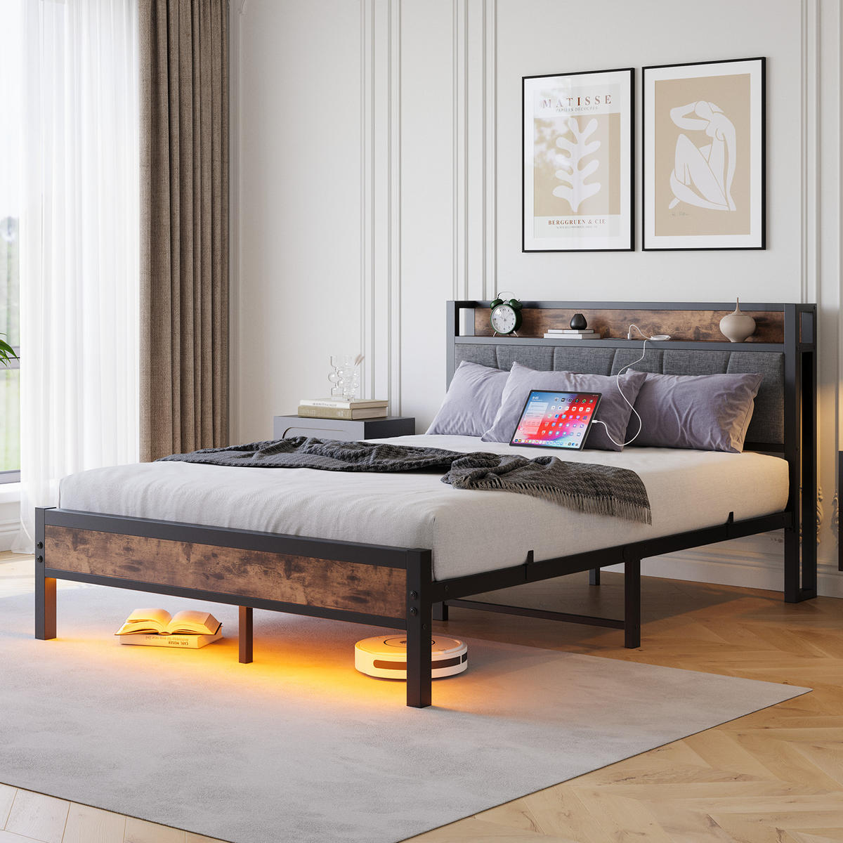 BETT mit LED und Stauraum 140x200 cm MDF/Metall Antikbraun - Braun, Metall (140/200cm) - Meubliv
