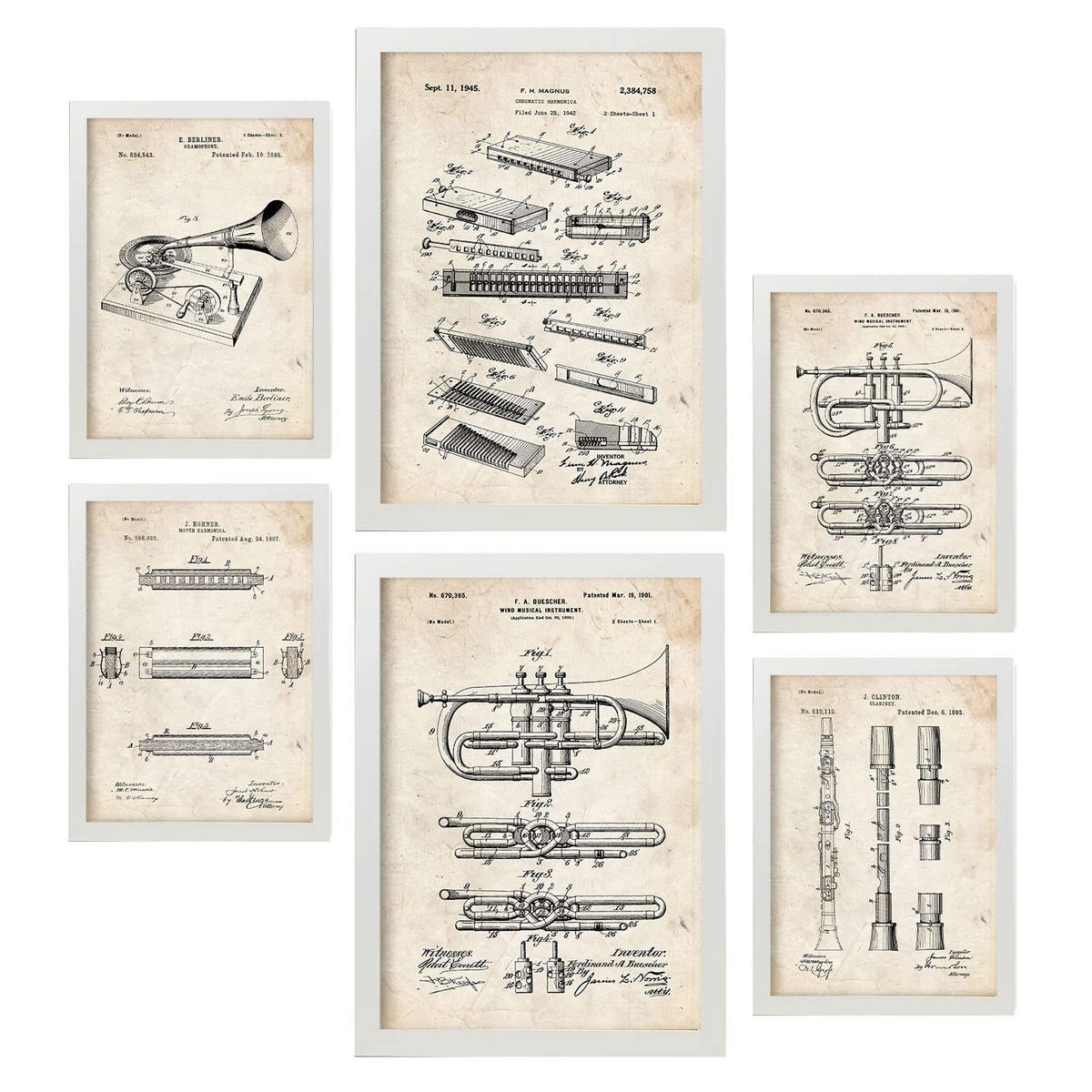 POSTER Set Mit 6 Plakaten Mit Blasinstrument Patenten Im Vintage Stil A3 & A4 Weißer Rahmen - Weiß, Papier (29/3cm) - Nacnic