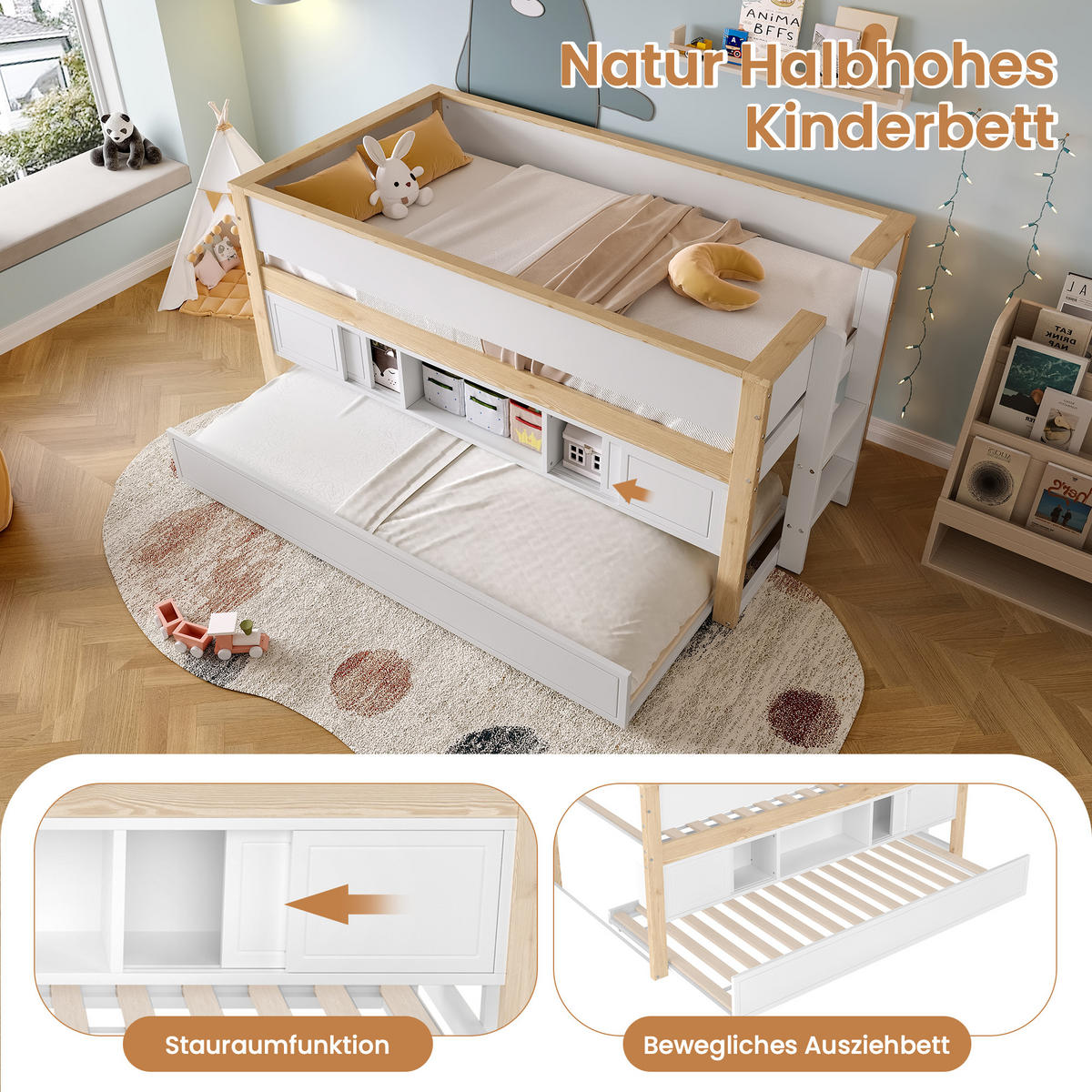 HALBHOHES BETT 90x200cm Weiß + Natur Ausziehbett Kinderbett Ablagefächer - Multicolor, Holz (90/200cm) - FLIEKS