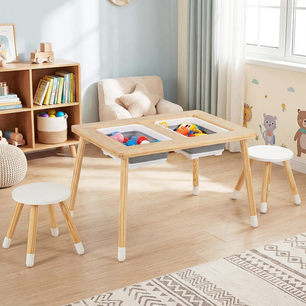 KINDERSPIELTISCH Runder natur(3-tlg) - Naturfarben, Holz (81/50/58cm) - COSTWAY