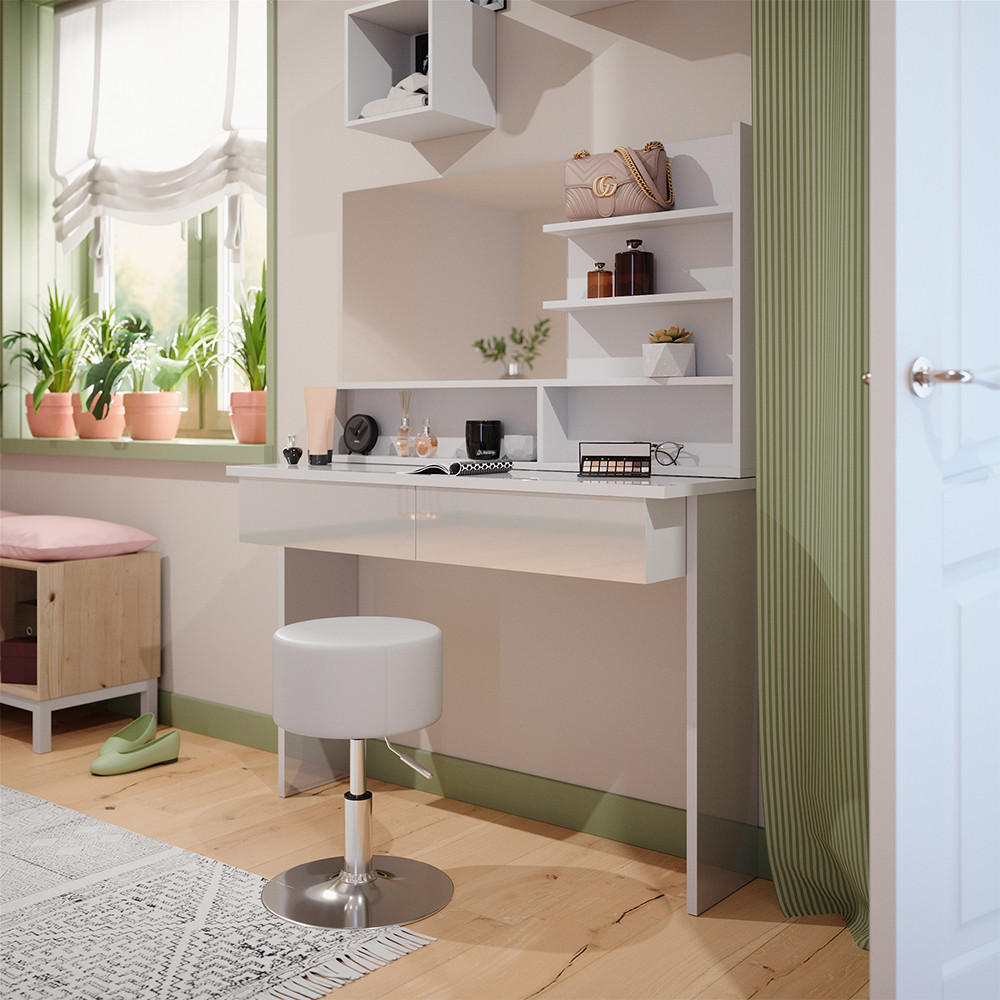 SCHMINKTISCH Azur Weiß 120 cm mit Hocker - Weiß Hochglanz/Weiß, Holzwerkstoff (120/83.5/40cm) - Vicco