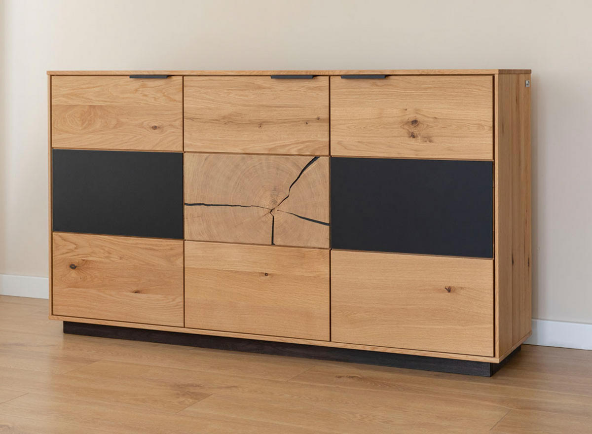 KOMMODE Tirano Eiche Natur / Hirnholz / Schwarz 154 / 39 / 84cm - Eiche Bianco/Eichefarben, Holz/Metall (154/84/39cm) - Feldmann-Wohnen