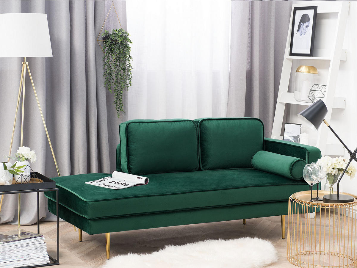 CHAISELONGUE Samtstoff smaragdgrün rechtsseitig Miramas - Goldfarben/Grün, Textil (171/63/79cm) - Beliani