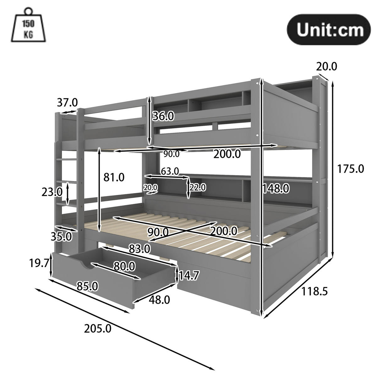 ETAGENBETT mit Schublade und Ablagefächern 90x200 cm Kiefernholz Grau - Grau, Holzwerkstoff (90/200cm) - Beauniv