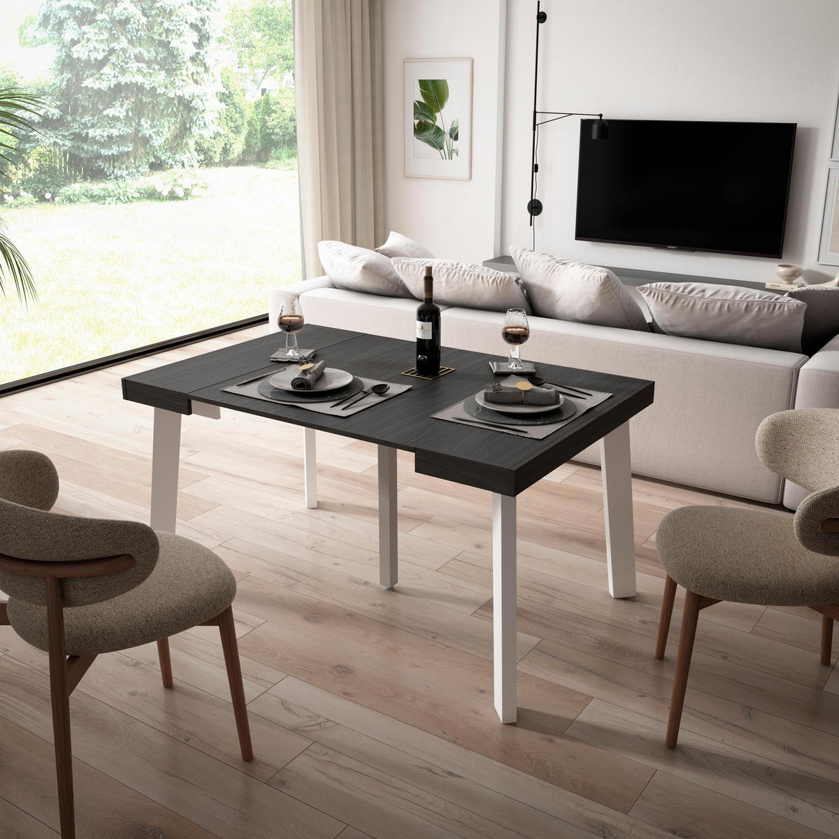 KONSOLENTISCH ausziehbar 58 bis 140cm, für 6 Gäste, schwarz, 90/58/73cm - Schwarz, Holzwerkstoff (90/140/73cm) - Skraut Home