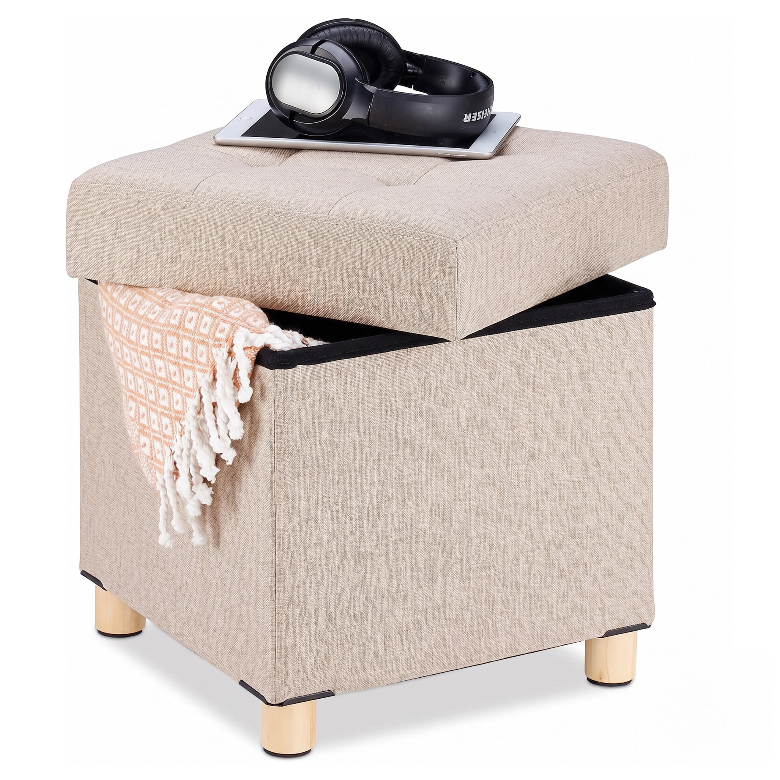 SITZHOCKER Beige Stauraum Leinenoptik Holzfüße 40x38x38 cm - Beige, Holzwerkstoff/Textil (38/40/38cm) - Relaxdays