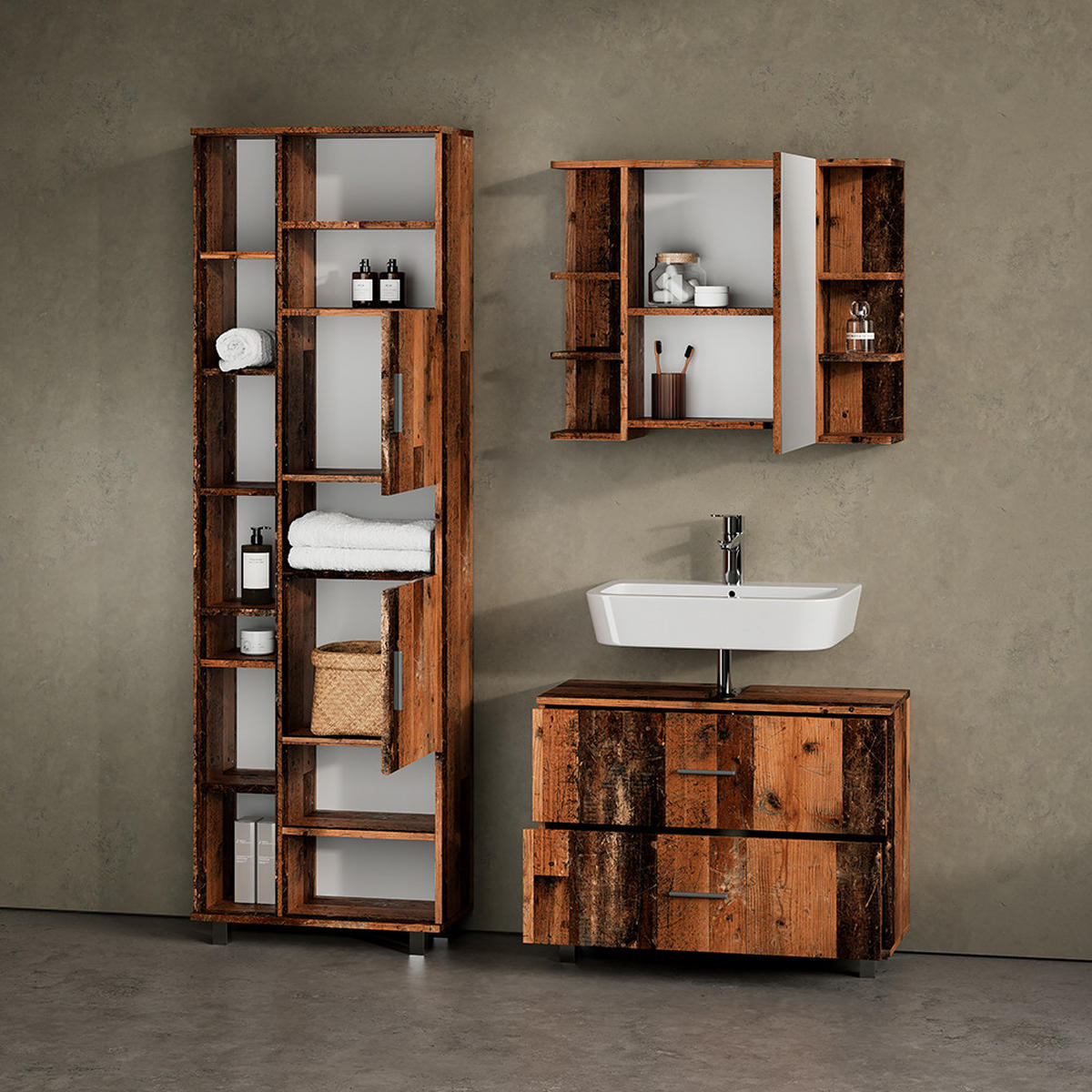 BADMÖBEL-SET Eisak Eiche rustikal 3 Teile, mit Hochschrank - Wildeiche, Holzwerkstoff (80/60/33cm) - Livinity®