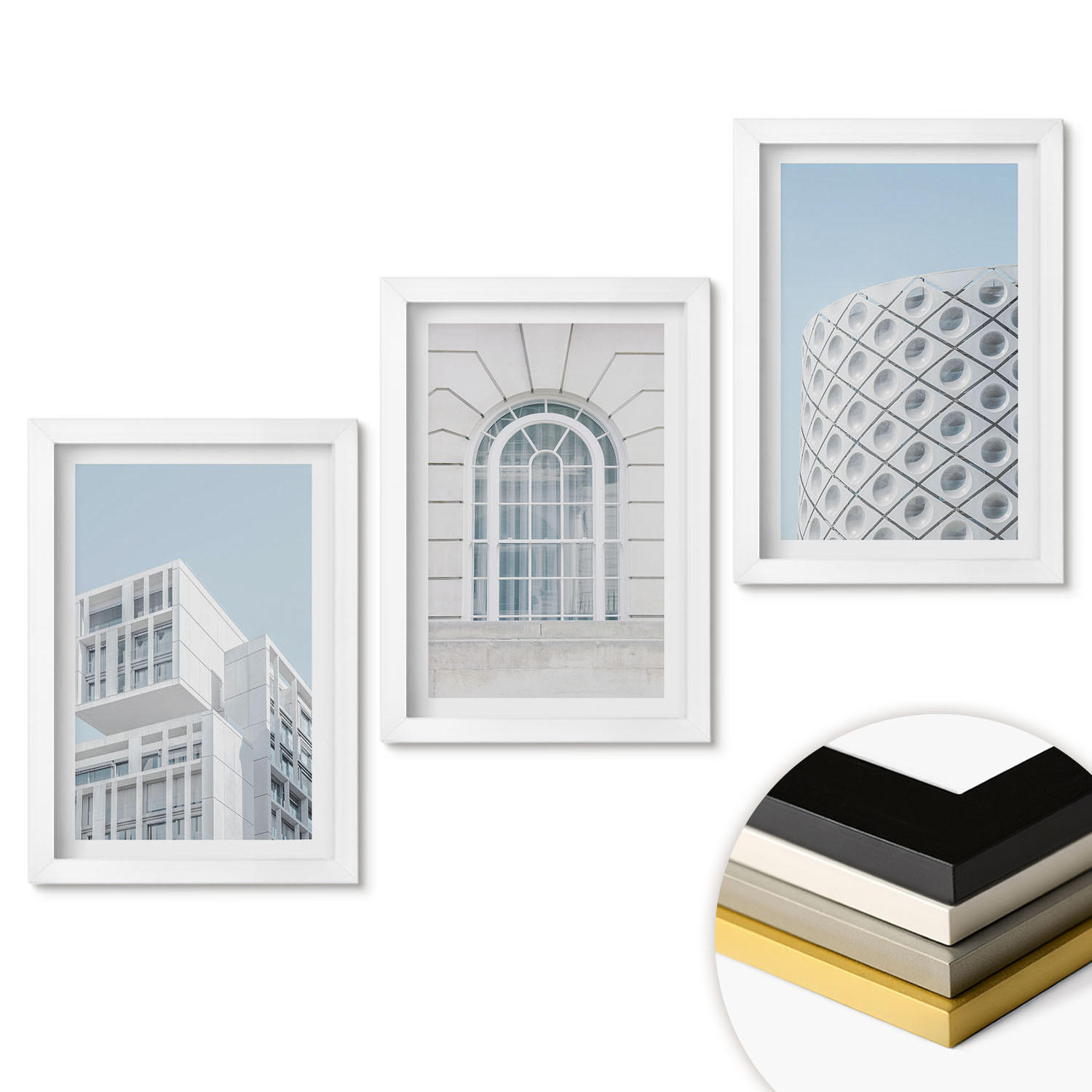 WANDBILDER 3er-Set - 20x30 cm Weißer Rahmen - Moderne Architekturgeometrie - Weiß, Kunststoff (20/30cm) - ArtPrintCave