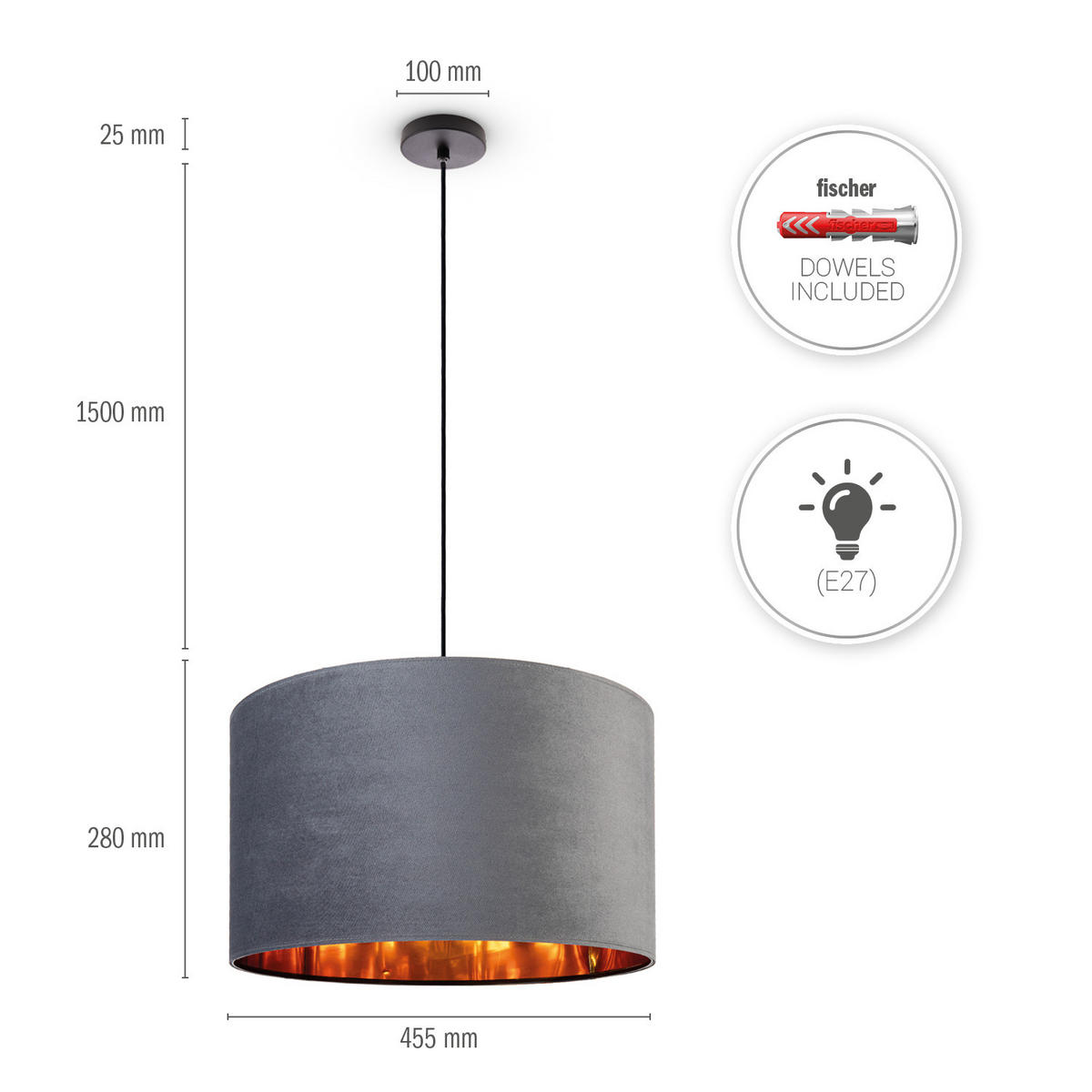 PENDELLEUCHTE Hugo Pd1 - Grau, Metall (45.5/45.5/28cm) - Paco Home