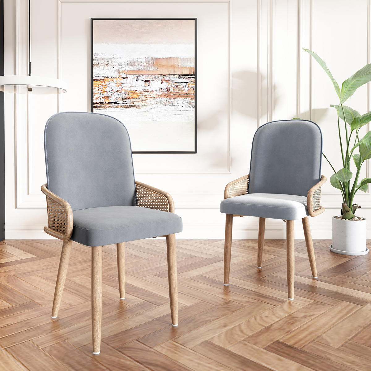 ESSZIMMERSTUHL 2 Stück Samt Rattan Grau, Metall Holzoptik - Grau, Textil (43/90/45cm) - FLIEKS