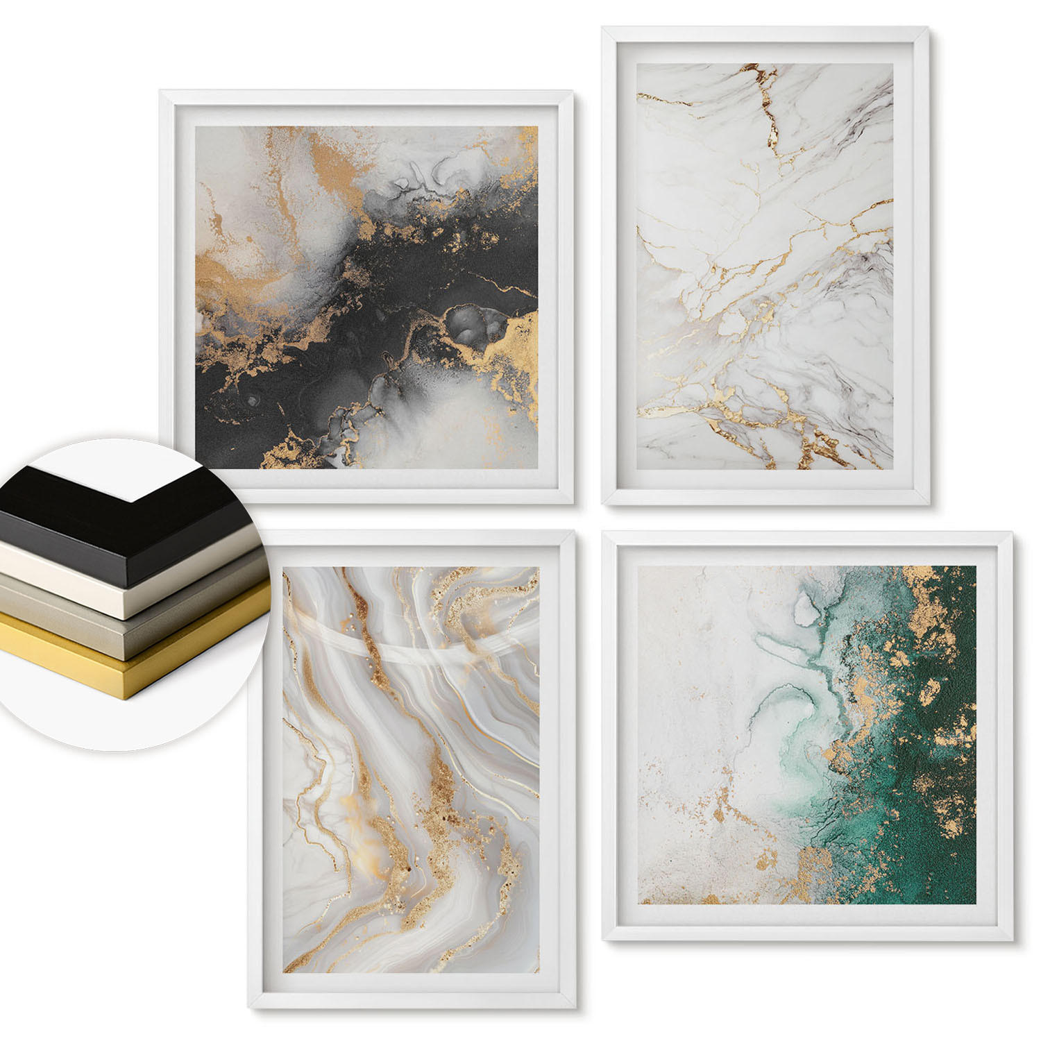 WANDBILDER 4er-Set - 50x50 cm & 40x60 cm Weißer Rahmen - Abstrakte Muster weiß schwarz grün - Weiß, Kunststoff (50/50cm) - ArtPrintCave