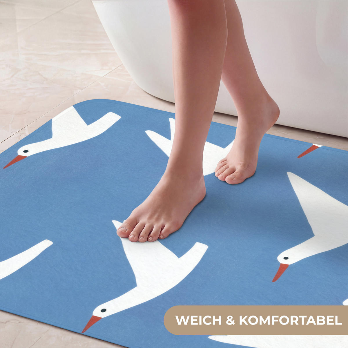 BADEMATTE Vögel - Weiß - Muster 60x90 cm - Blau, Kunststoff/Textil (60/90cm)