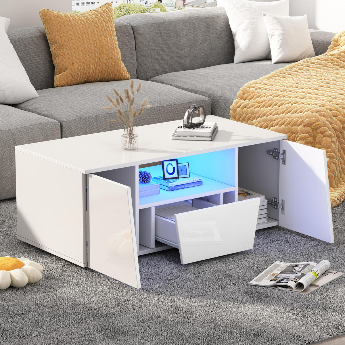 COUCHTISCH Weiß 100/50/40 cm mit LED und Stauraum - Weiß, Holzwerkstoff (50/100/40cm) - PANGIVO