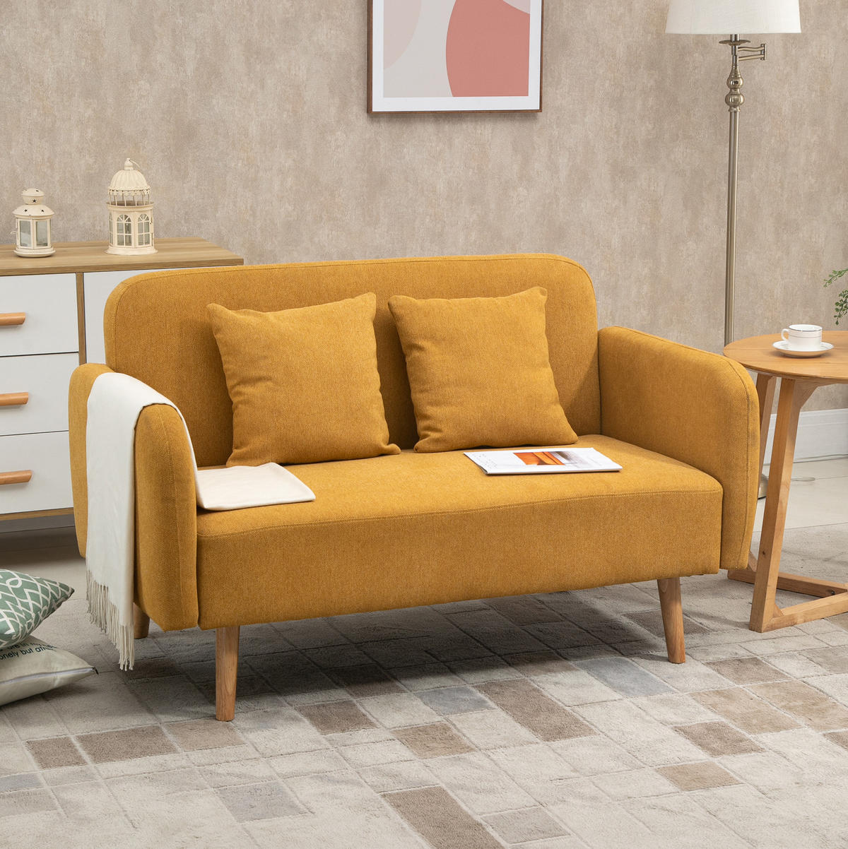 2-SITZER-SOFA aus Polyester 130x70x80 cm in Gelb mit 2 Kissen - Gelb, Textil (70/80/130cm) - Modfu