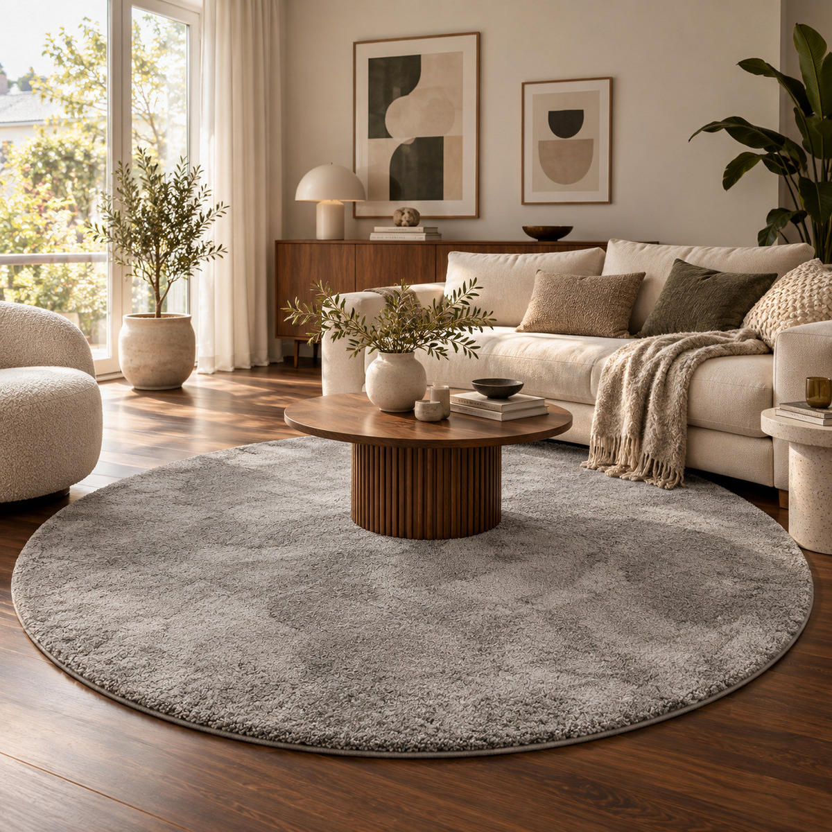 HOCHFLOR SHAGGY TEPPICH PALACE RUND - Grau, Textil (100/100cm) - Snapstyle