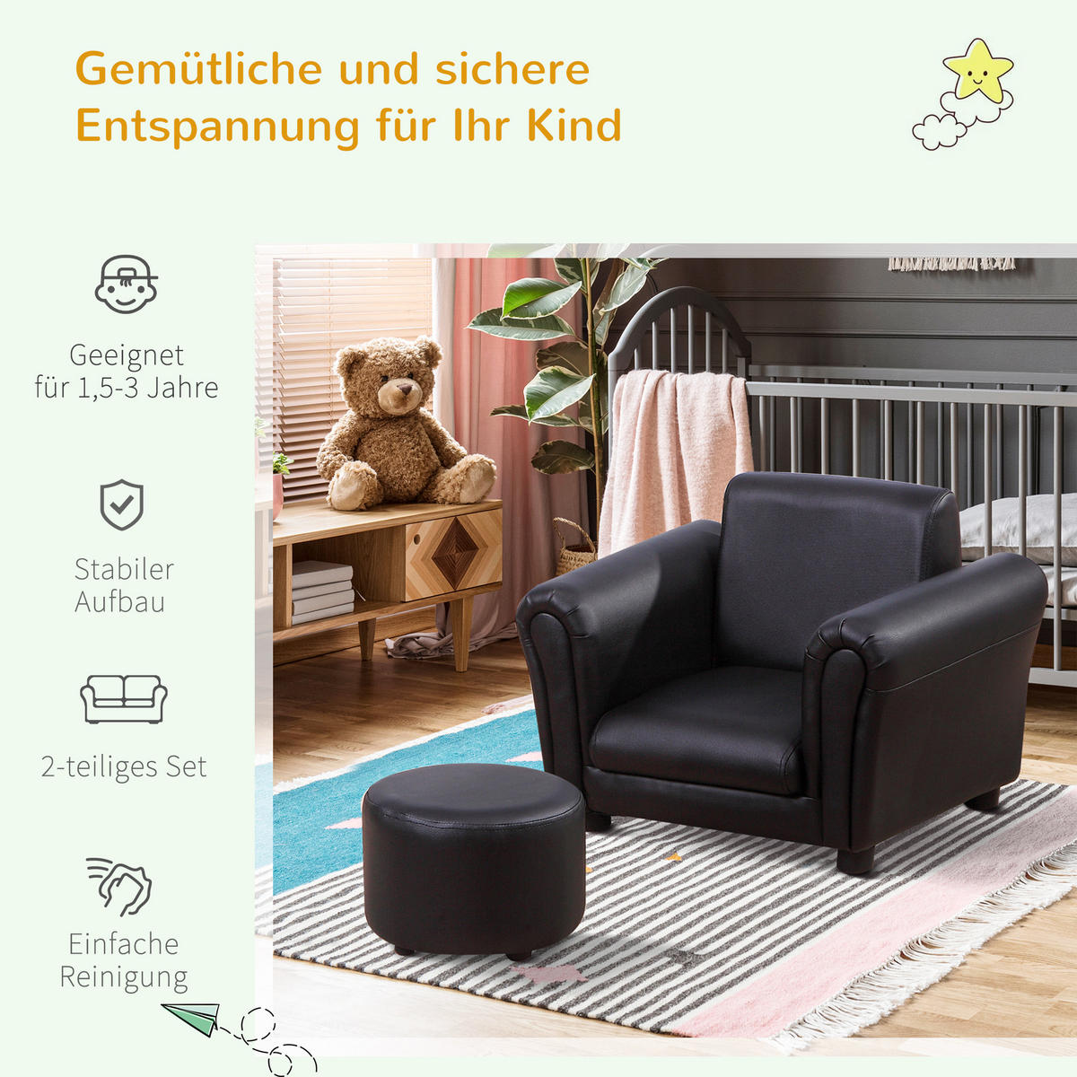 KINDERSESSEL, Schwarz, Holz, kunststoff - Schwarz, Holz (42/41/54cm) - HOMCOM