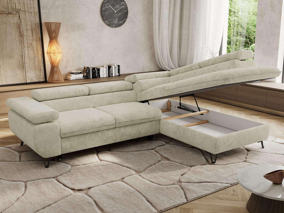ECKSOFA PABLO L Creme Schenille grob gewebt - Rechts Seite mit T25 Topper - Creme/Schwarz, Textil/Metall (273/208cm) - MKS