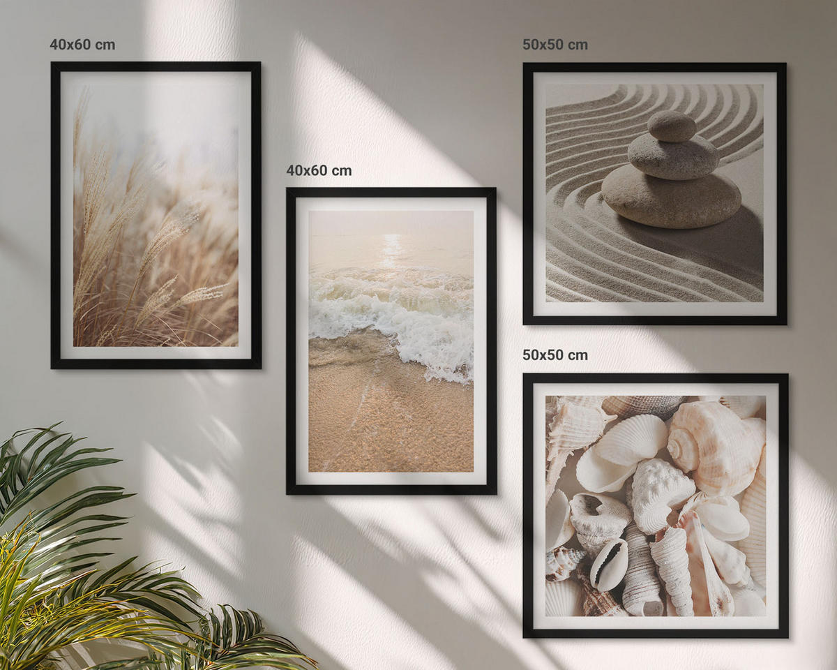 WANDBILDER 4er-Set - 50x50 cm & 40x60 cm Schwarzer Rahmen - Strandmotive, Muscheln, Wellen - Schwarz, Kunststoff (50/50cm) - ArtPrintCave
