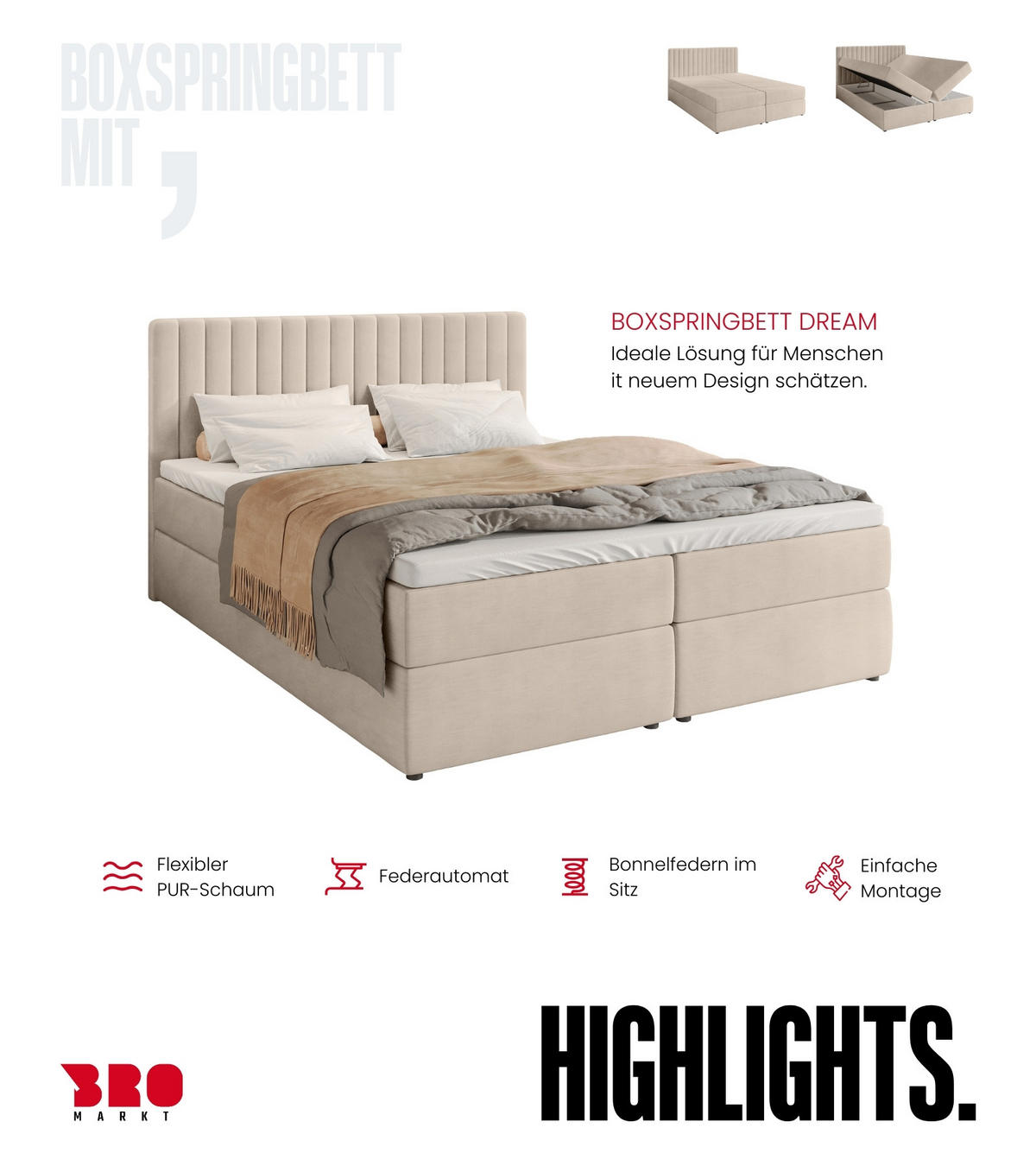 BOXBETT Dream mit Topper 160/200 Ecru - Ecru, Holzwerkstoff/Textil (160/200cm) - Bromarkt