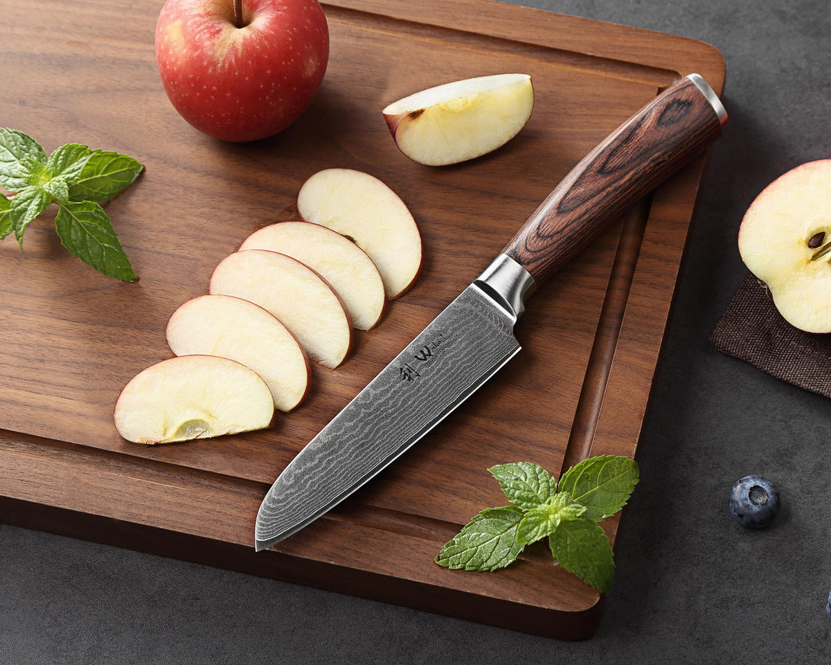 SANTOKU Damastmesser-Set I EDIB - Braun, Holz/Metall - Wakoli