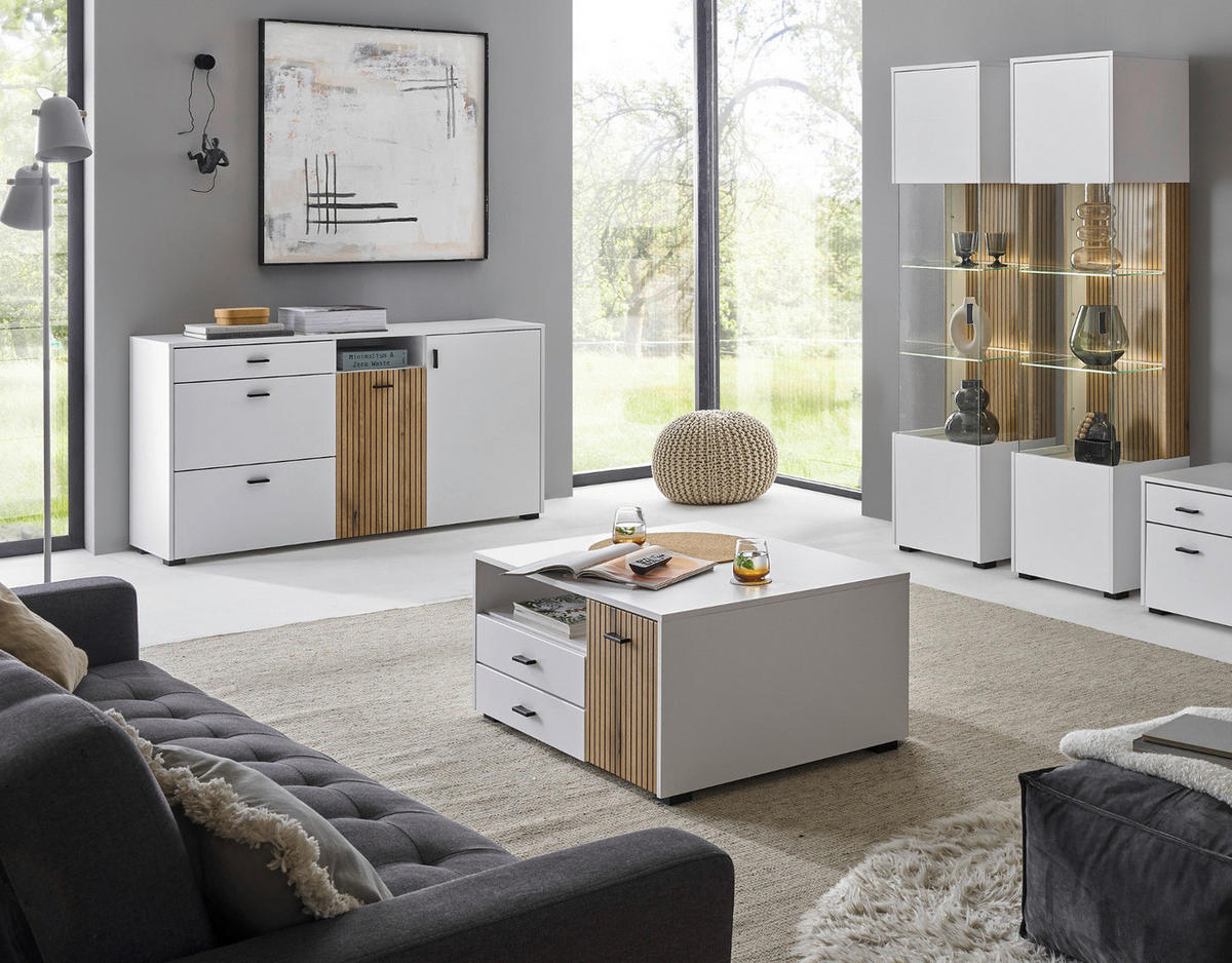 SIDEBOARD weiß matt, Eiche 150 cm, Kommode mit Soft-Close-Funktion - Eichefarben/Schwarz, Holzwerkstoff/Kunststoff (150/80/42cm) - Furn.Design