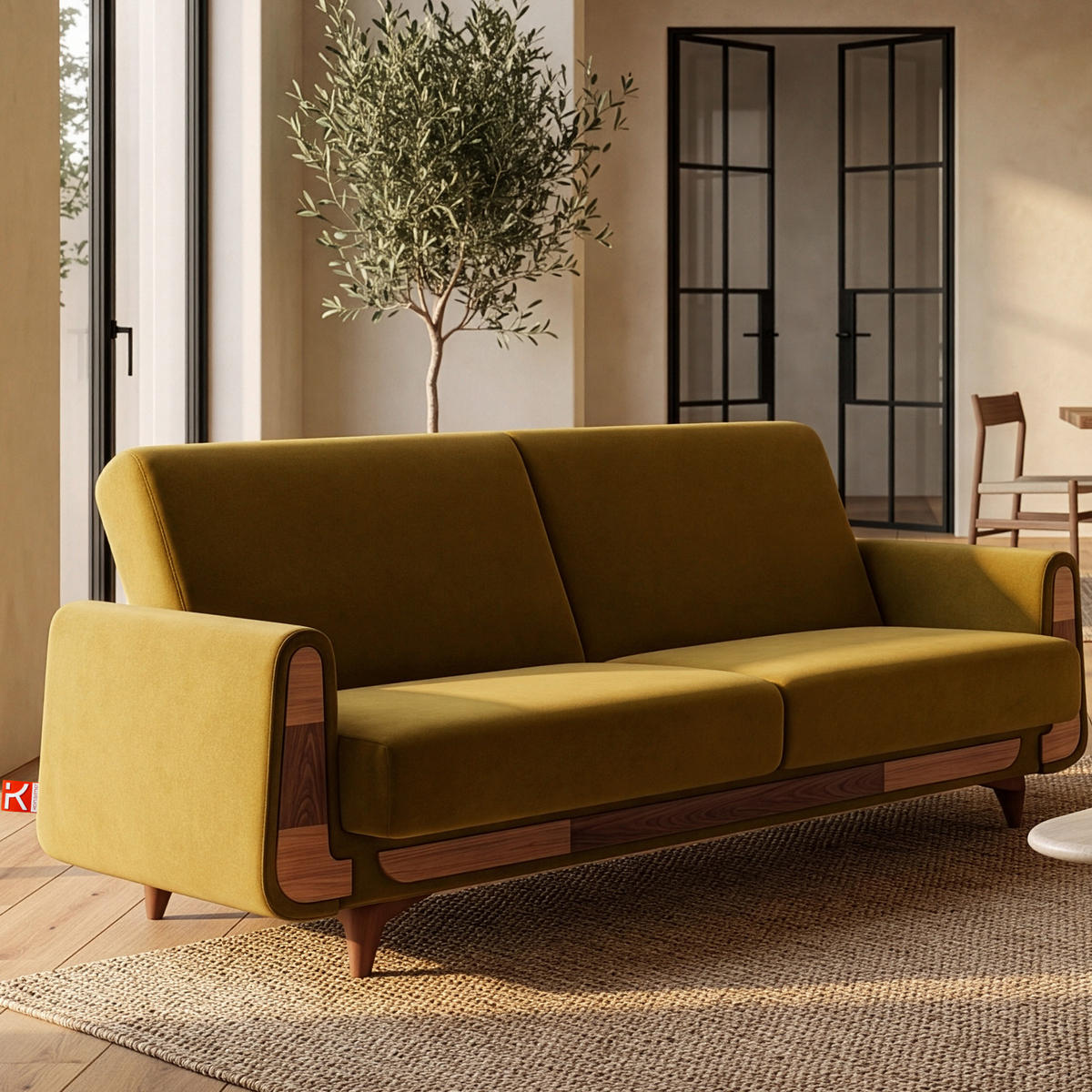 3-SITZER-SCHLAFSOFA GUSTAVO mit Armlehnen, Gelb - Gelb/Braun, Holz/Holzwerkstoff (230/98/98cm) - KONSIMO®