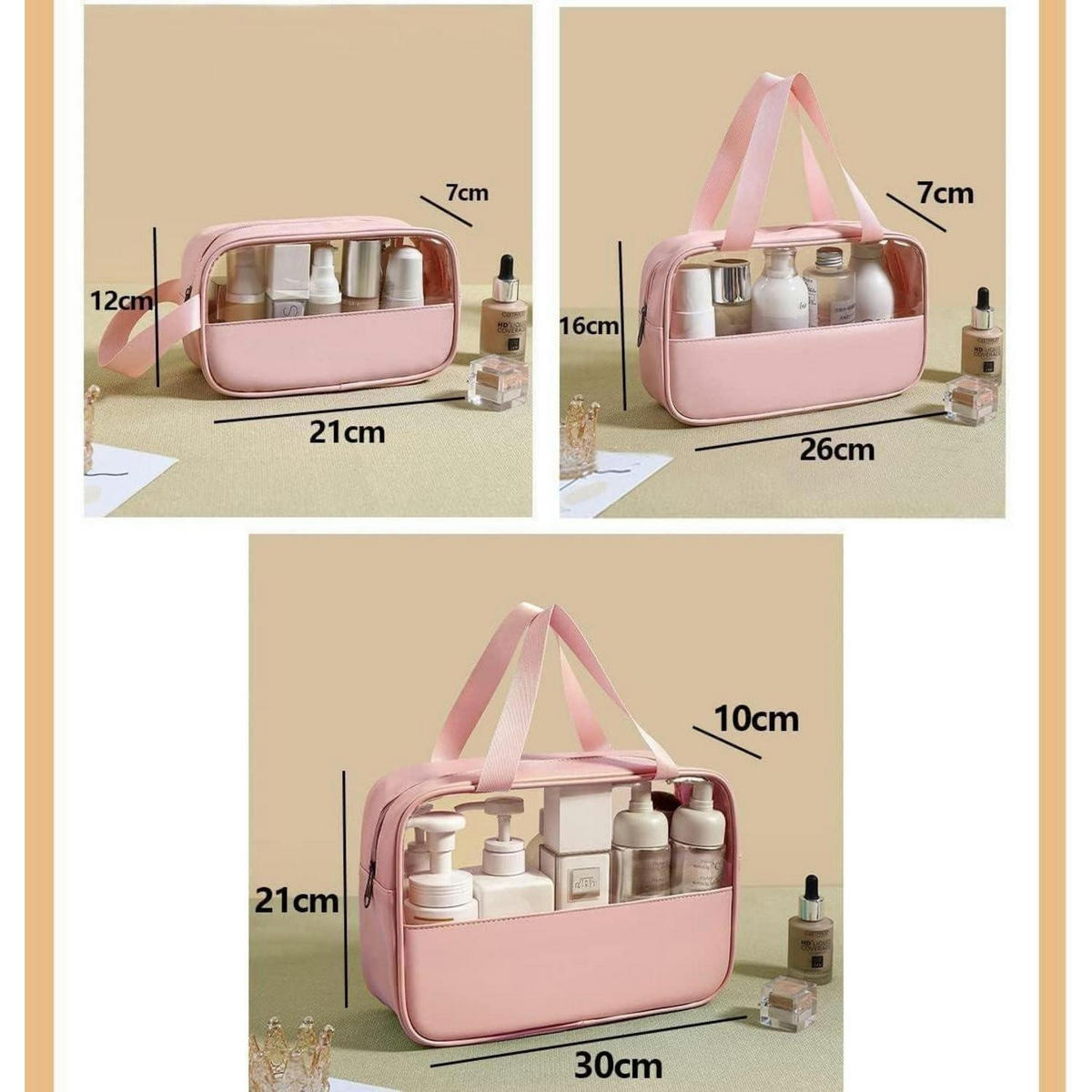 KULTURBEUTEL Set Transparent 3 Stück Rosa - Rosa, Kunststoff (10/21/26cm)