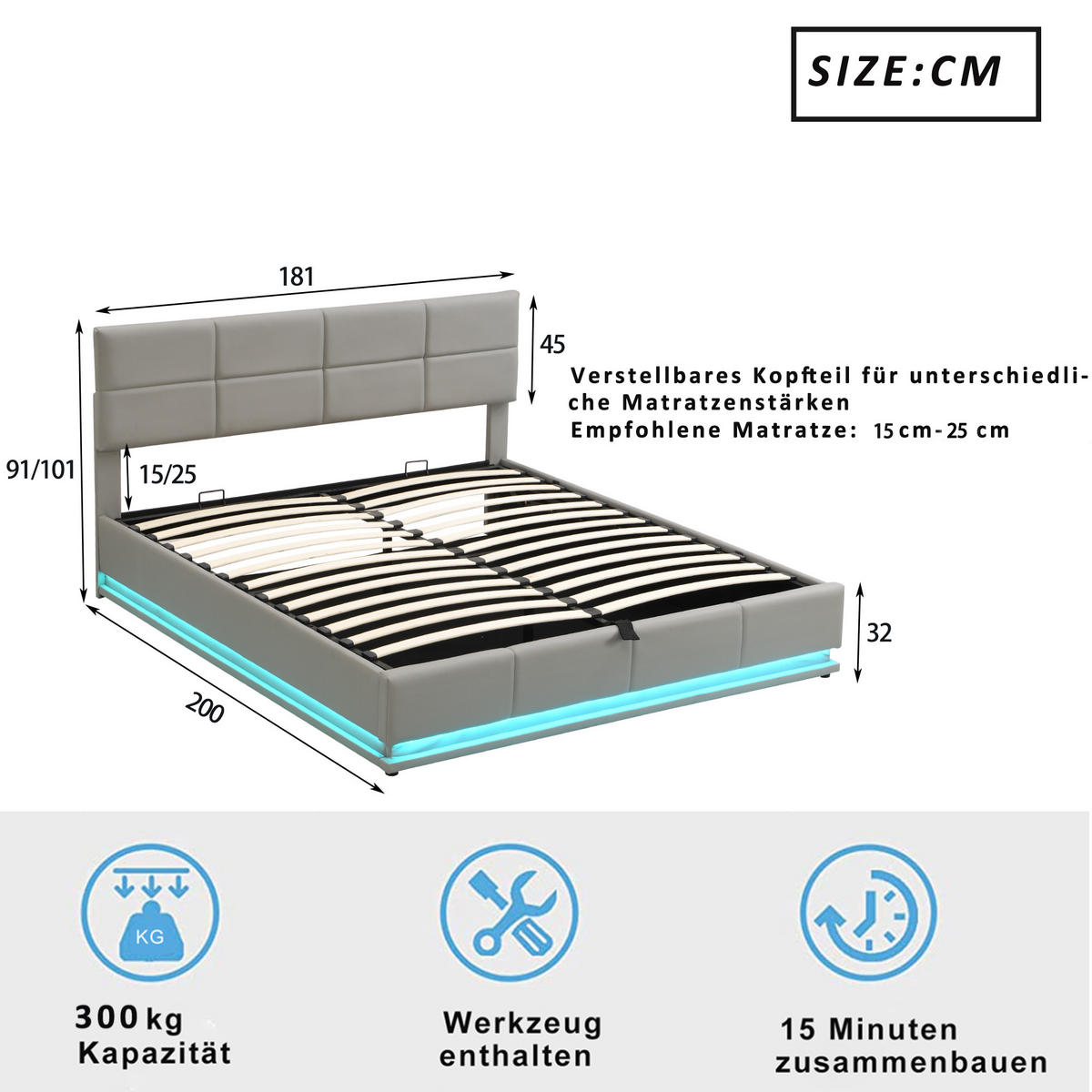 POLSTERBETT 180/200 cm mit LED-Beleuchtung und hydraulischem Bettkasten in Hellgrau - Grau, Kunststoff (180/200cm) - OKWISH