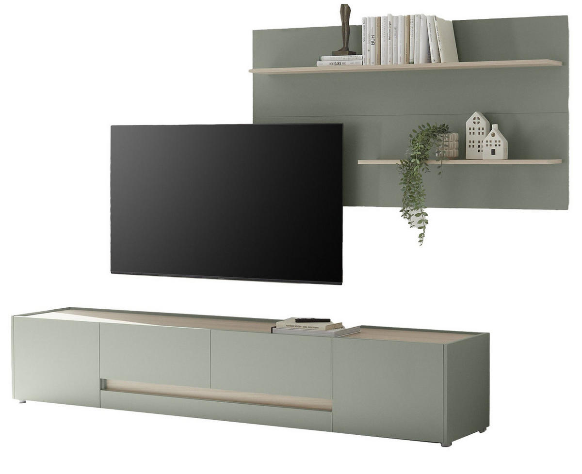 WOHNWAND in Salbei Grün mit Eiche, Wohnkombination 2-teilig mit XXL TV-Lowboard, Breite 300 cm - Salbeigrün/Eichefarben, Holz/Holzwerkstoff (300/190/45cm) - Furn.Design