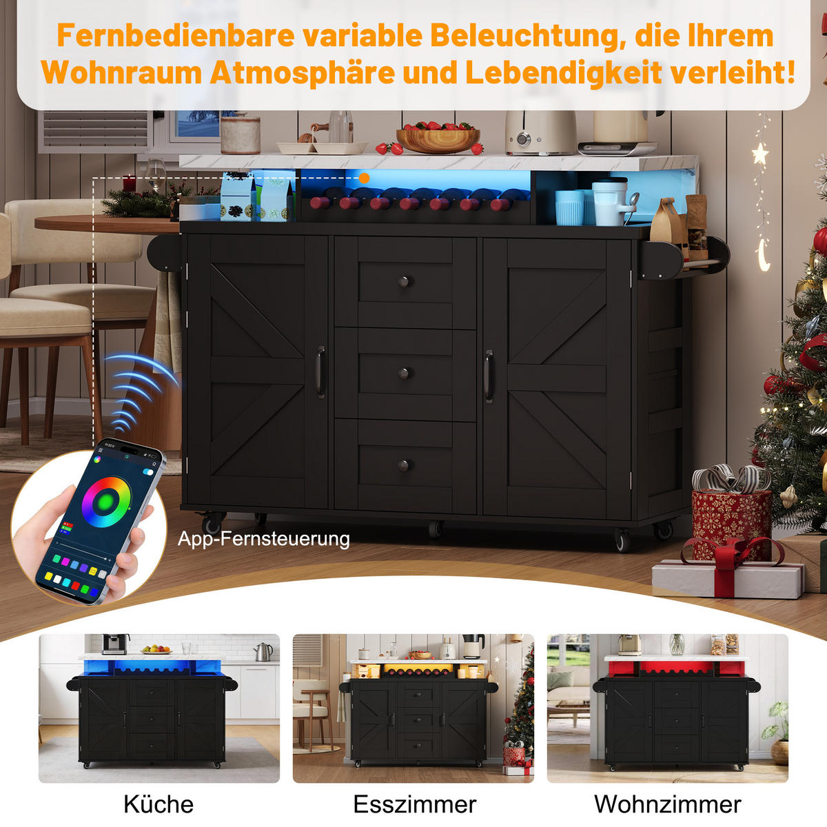 KÜCHENINSEL 120x42/60x93 cm klappbar mit Rollen und Weinregal - Schwarz, Holzwerkstoff (138/93/60cm)