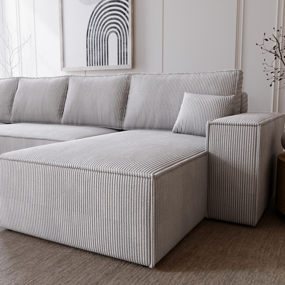 ECKSOFA U 380 cm Bergamo mit Schlaffunktion, Cordstoff, Hellgrau - Hellgrau, Holz (377/189cm) - Emporius