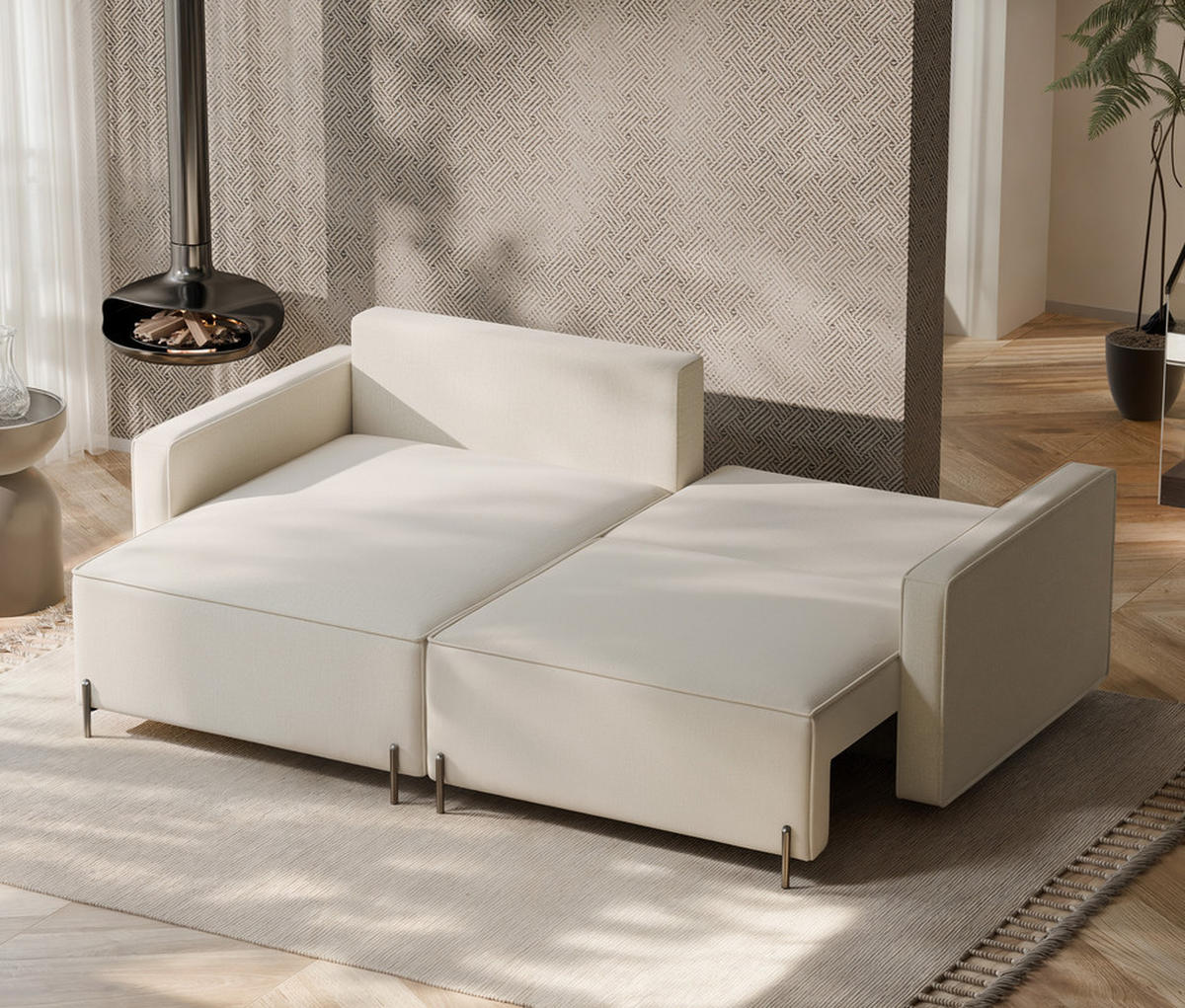 ECKSOFA LEO Links, mit Schlaffunktion und Bettkasten, Creme - Creme, Textil/Metall (229/148cm) - Idohome