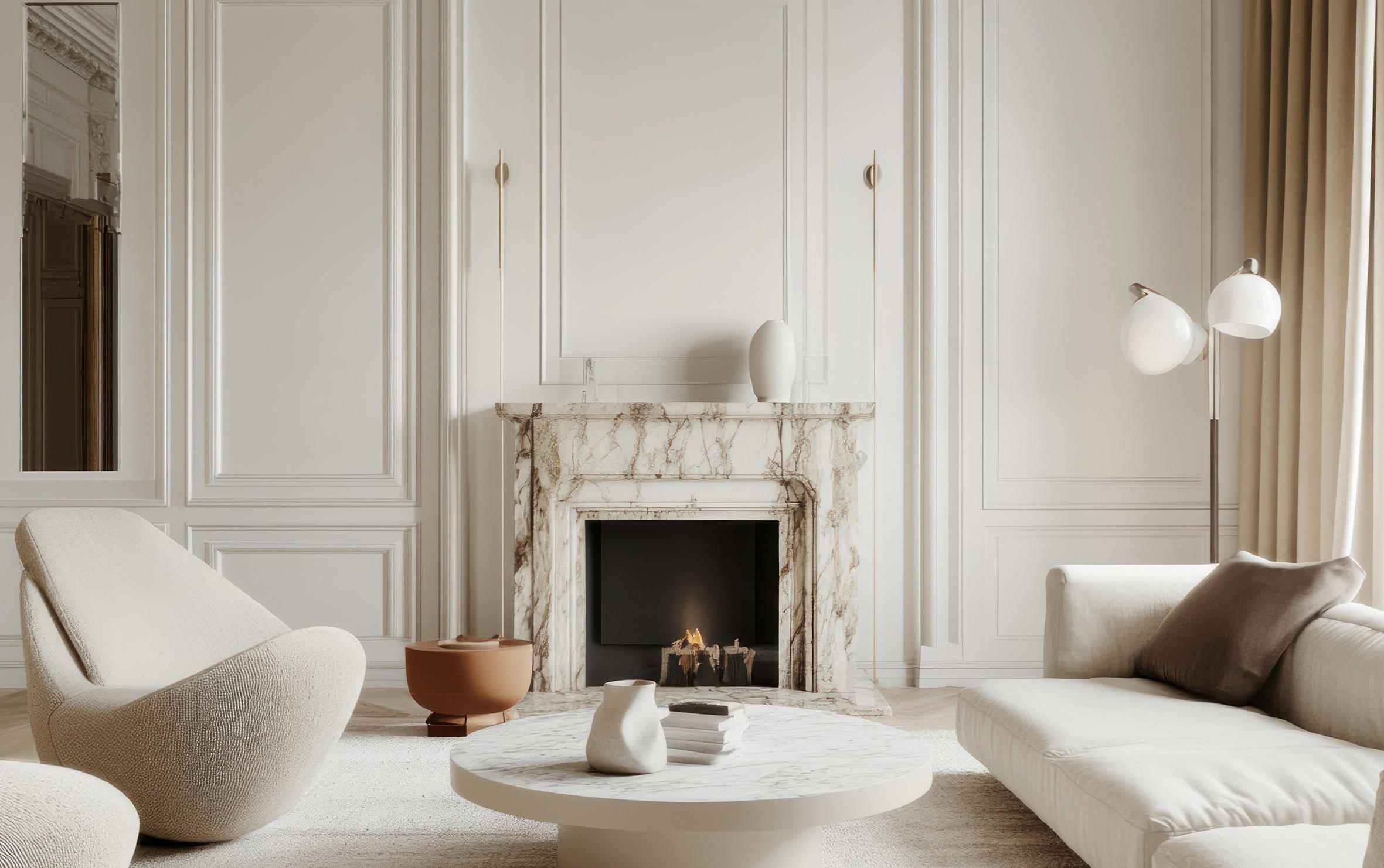 Gemütliches helles Wohnzimmer mit Kamin