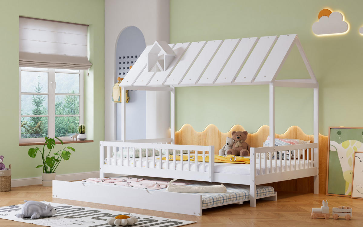HAUSBETT 120/200 cm in Weiß – mit Dach, Kaminleiste und Rollbett - Weiß, Holzwerkstoff (120/200cm) - BEAOK