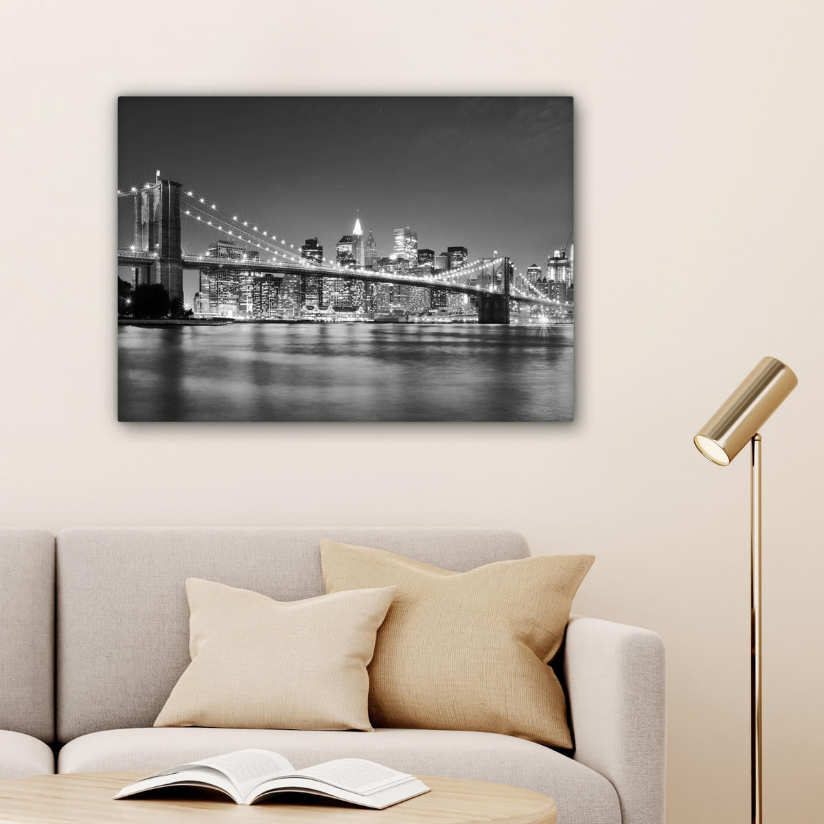 LEINWANDBILD - New York - Brücke - Brooklyn - Schwarz und weiß - Architektur - 80x60 - Malerei - Schwarz, Textil (80/60cm) - MuchoWow