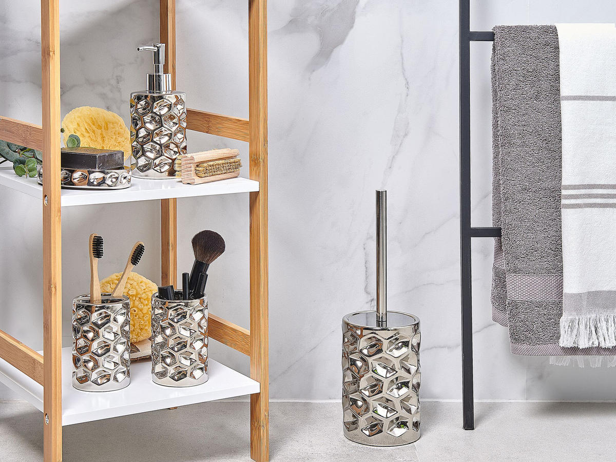 BADEZIMMER Set 5-teilig Keramik silber Tirua - Silberfarben, Keramik (13/34/11cm) - Beliani