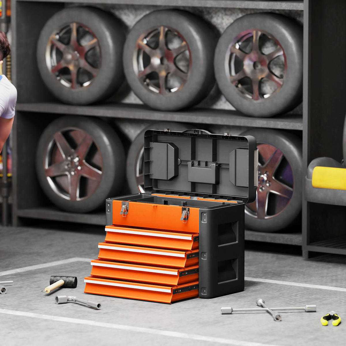 WERKZEUGKISTE leer, 49,7 x 25,3 x 40,7 cm Werkzeugkasten mit 4 Schubladen - Orange, Metall (25.3/40.7/49.7cm) - HOMCOM