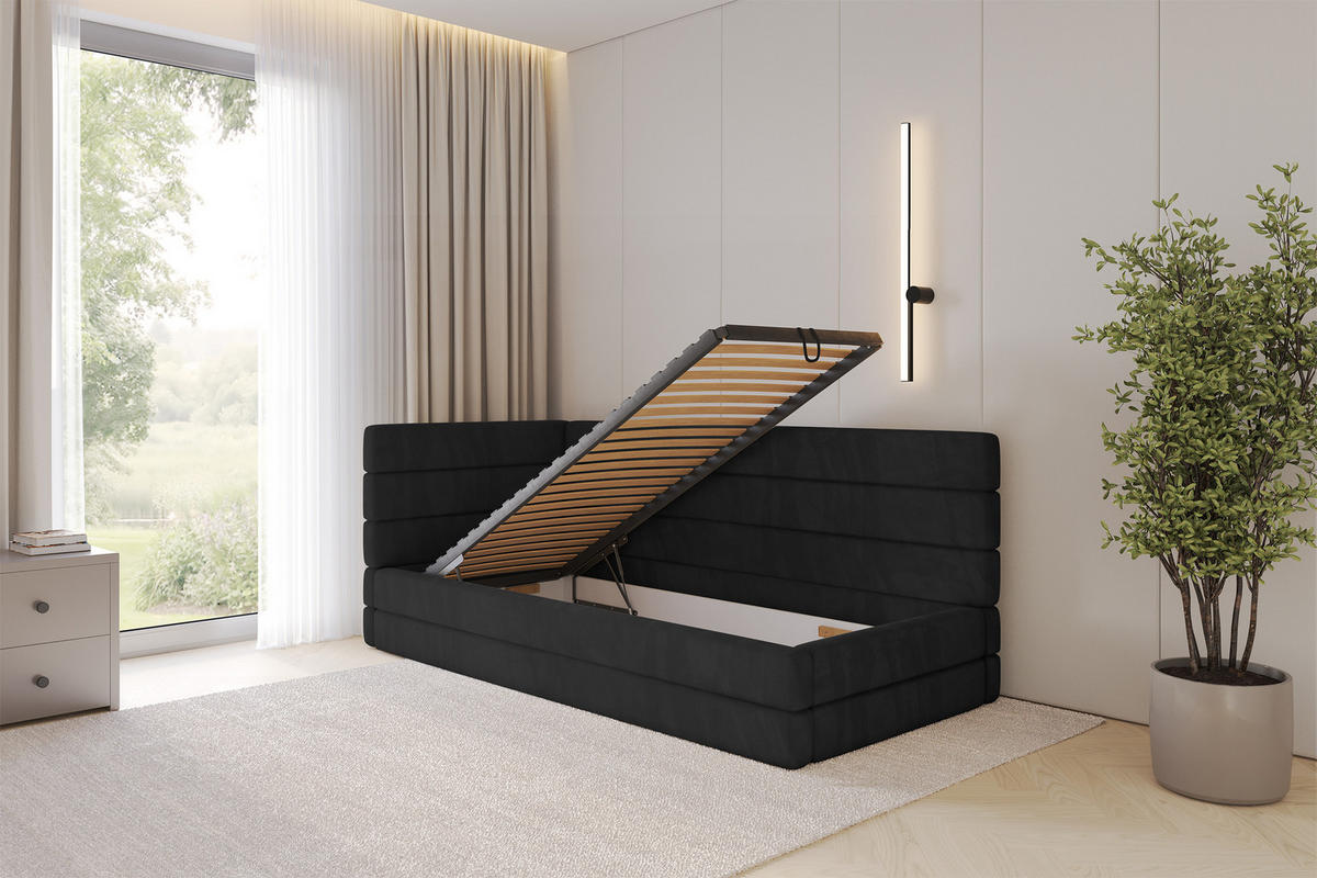 EINZELLBETT Jugendbett mit Bettkasten, Rechts - BEMY 90x200 Schwarz - Anthrazit, Holzwerkstoff/Textil (90/200cm) - ALTDECOR