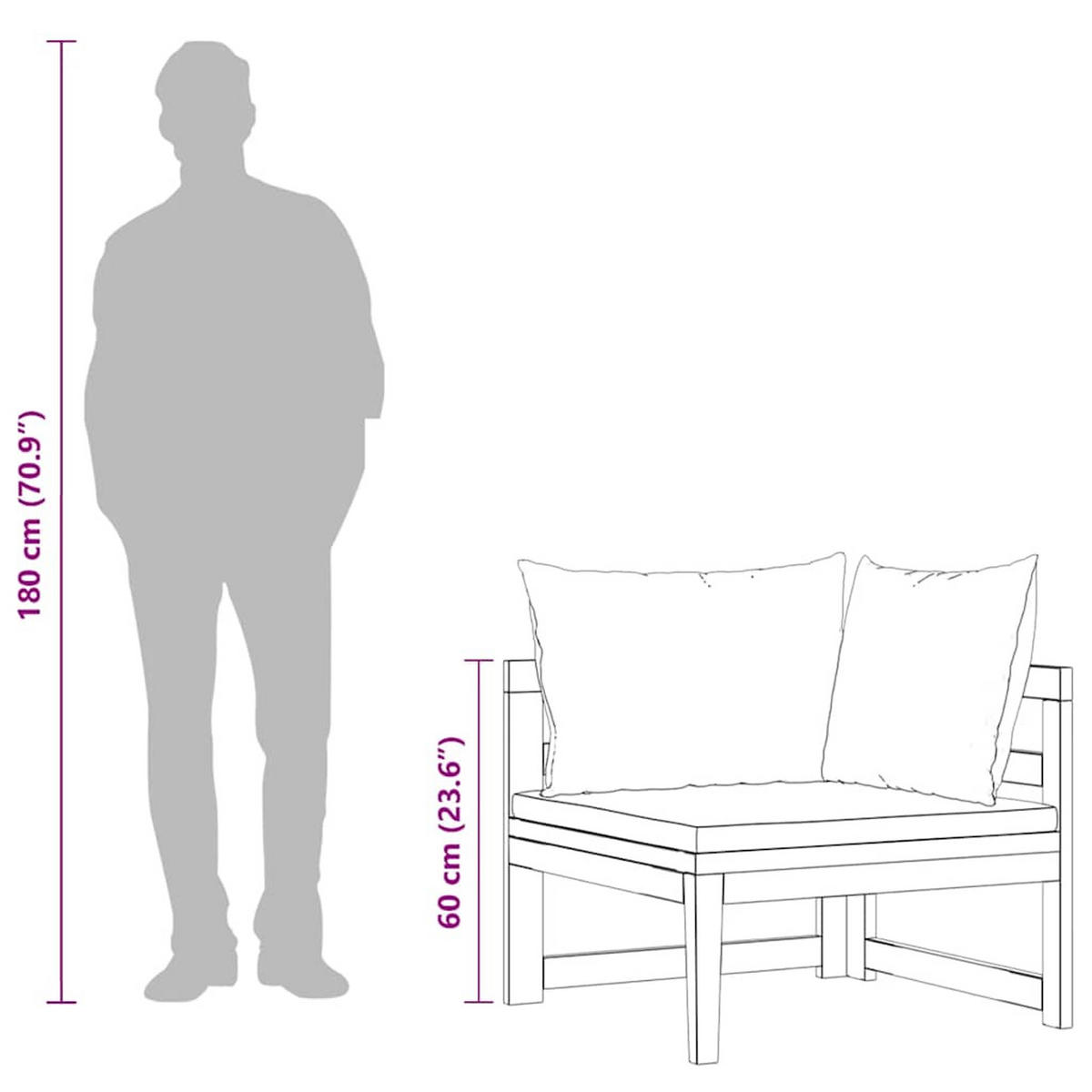 ECKSOFA mit Cremeweißen Kissen, 66/66/60 cm, aus massivem Akazienholz - Creme/Braun, Holz/Textil (66/60/66cm) - vidaXL