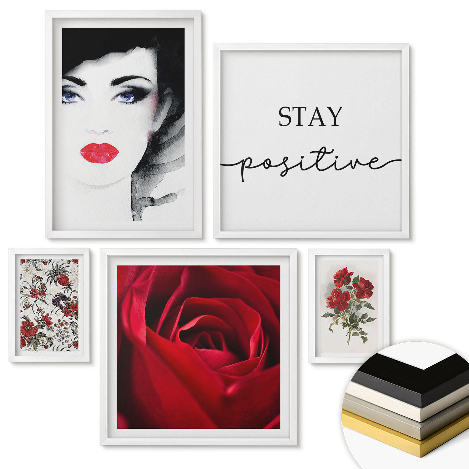 WANDBILDER 5er-Set - 50x50 cm & 20x30 cm & 40x60 cm Weißer Rahmen - Inschrift mit roten Rosen - Weiß, Kunststoff (40/60cm) - ArtPrintCave