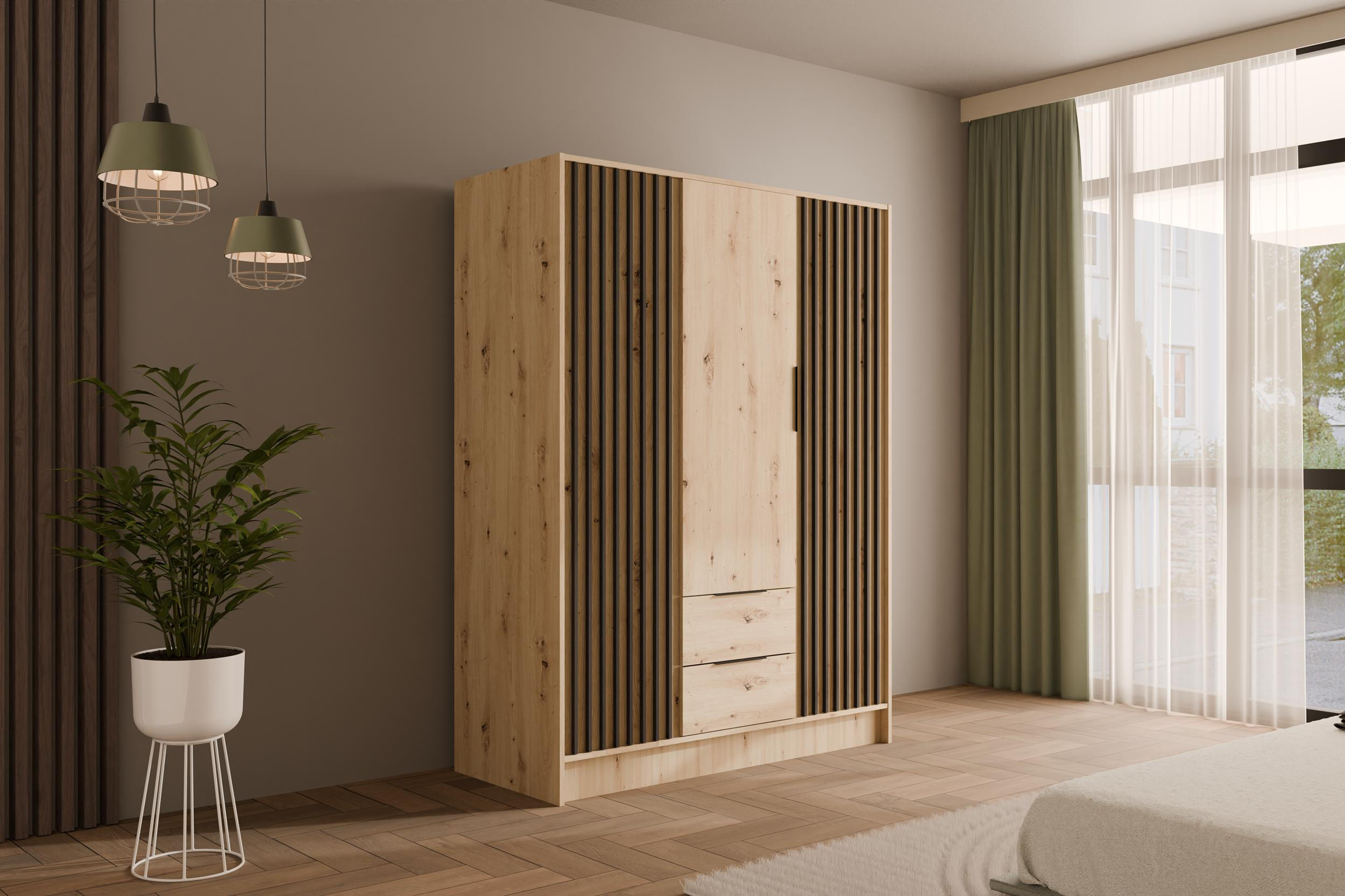 KLEIDERSCHRANK NELIA - 150 cm - Schwarz/Eiche Artisan, Holzwerkstoff (150/200/51cm) - ALTDECOR